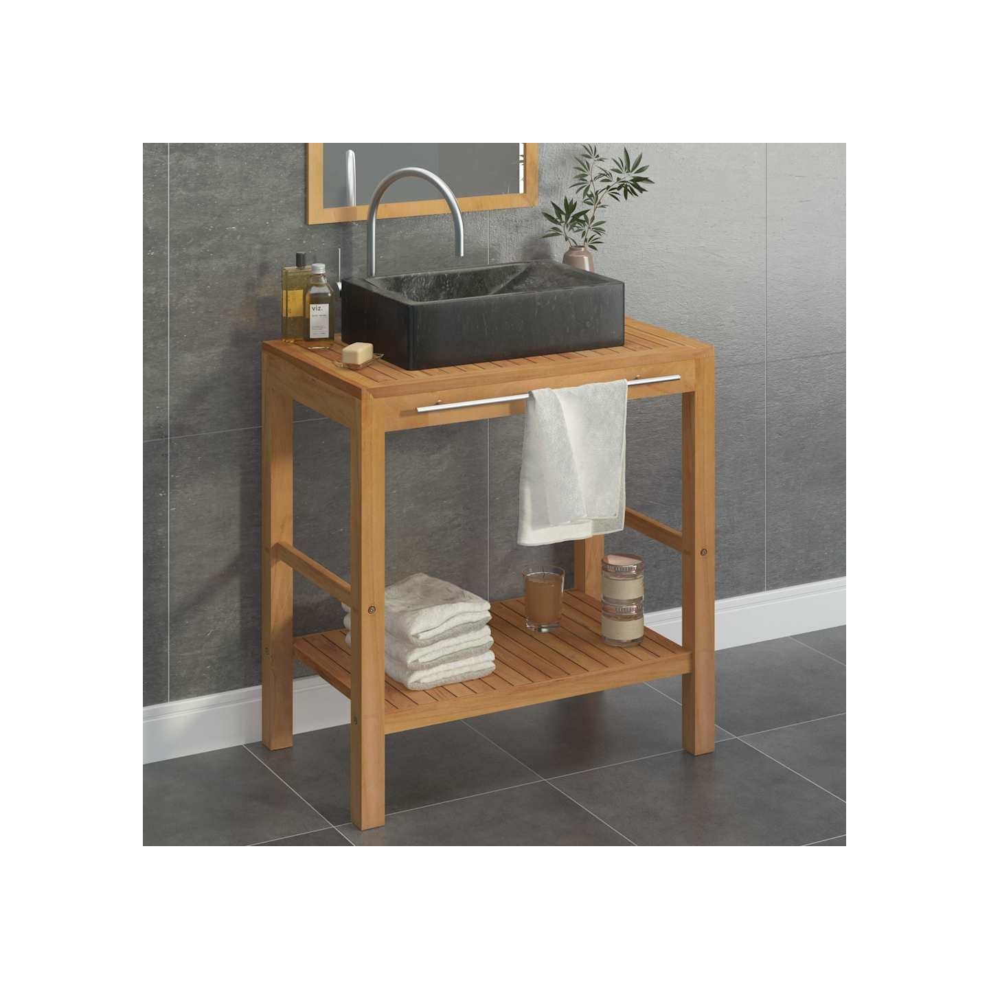 Armoire de toilette en teck solide avec lavabo en marbre Noir