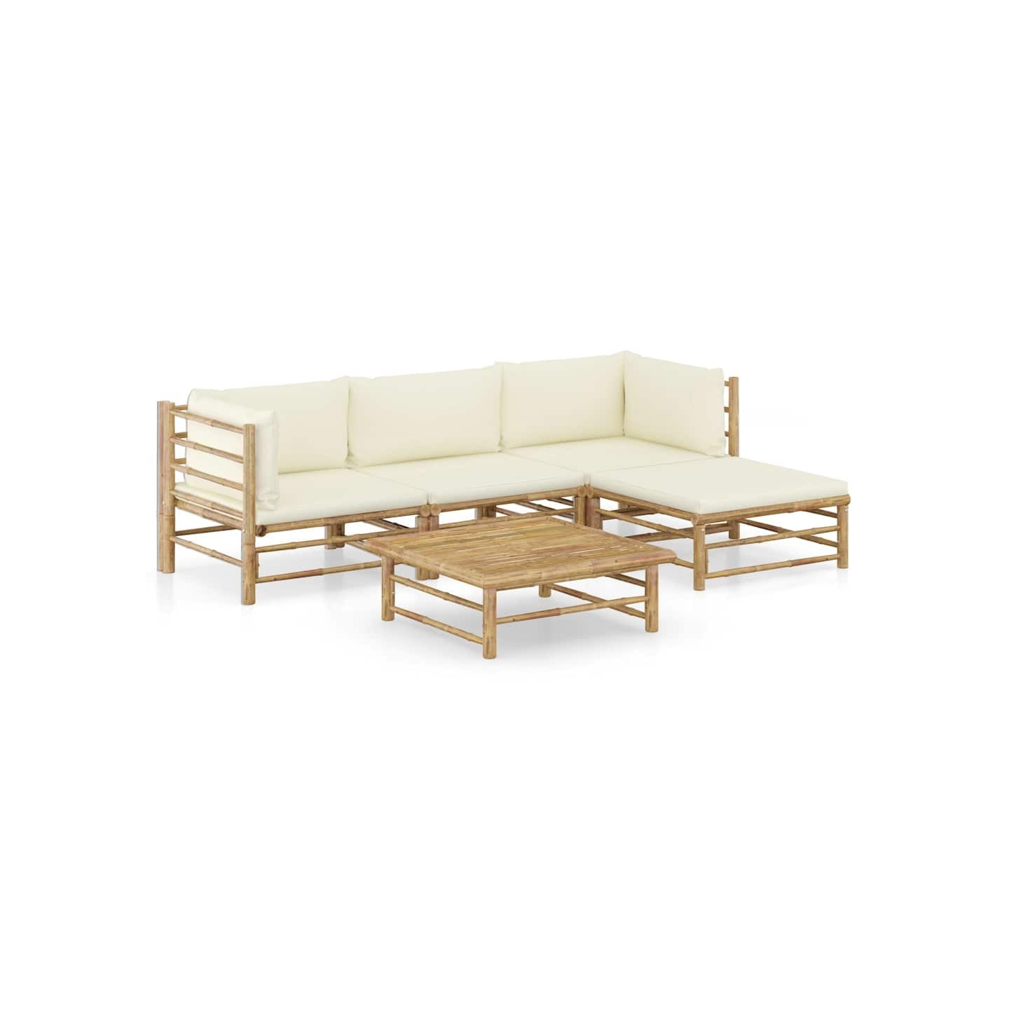 Salon de jardin 5 pcs avec coussins blanc crème bambou