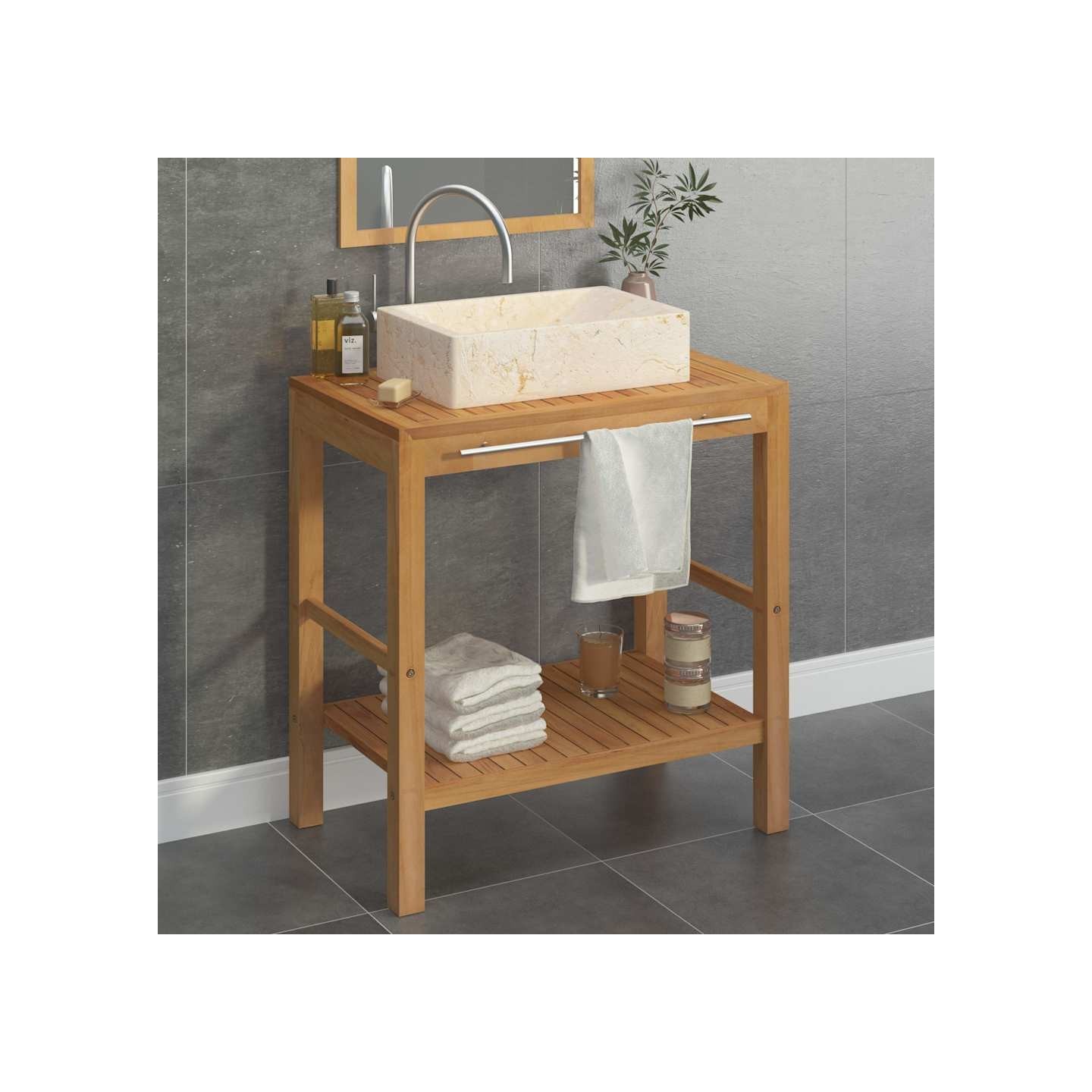 Armoire de toilette en teck solide avec lavabo en marbre Crème