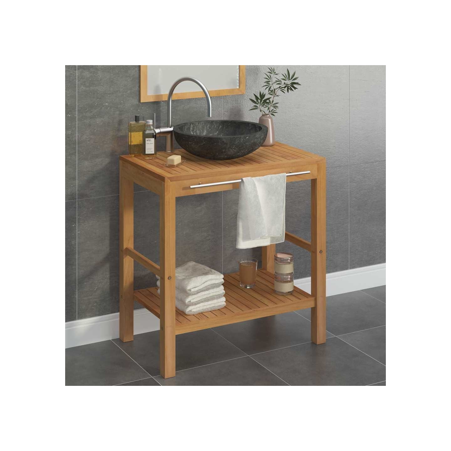 Armoire de toilette en teck solide avec lavabo en marbre Noir