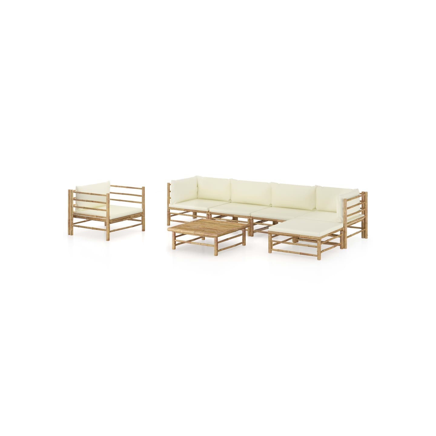 Salon de jardin 7 pcs avec coussins blanc crème bambou