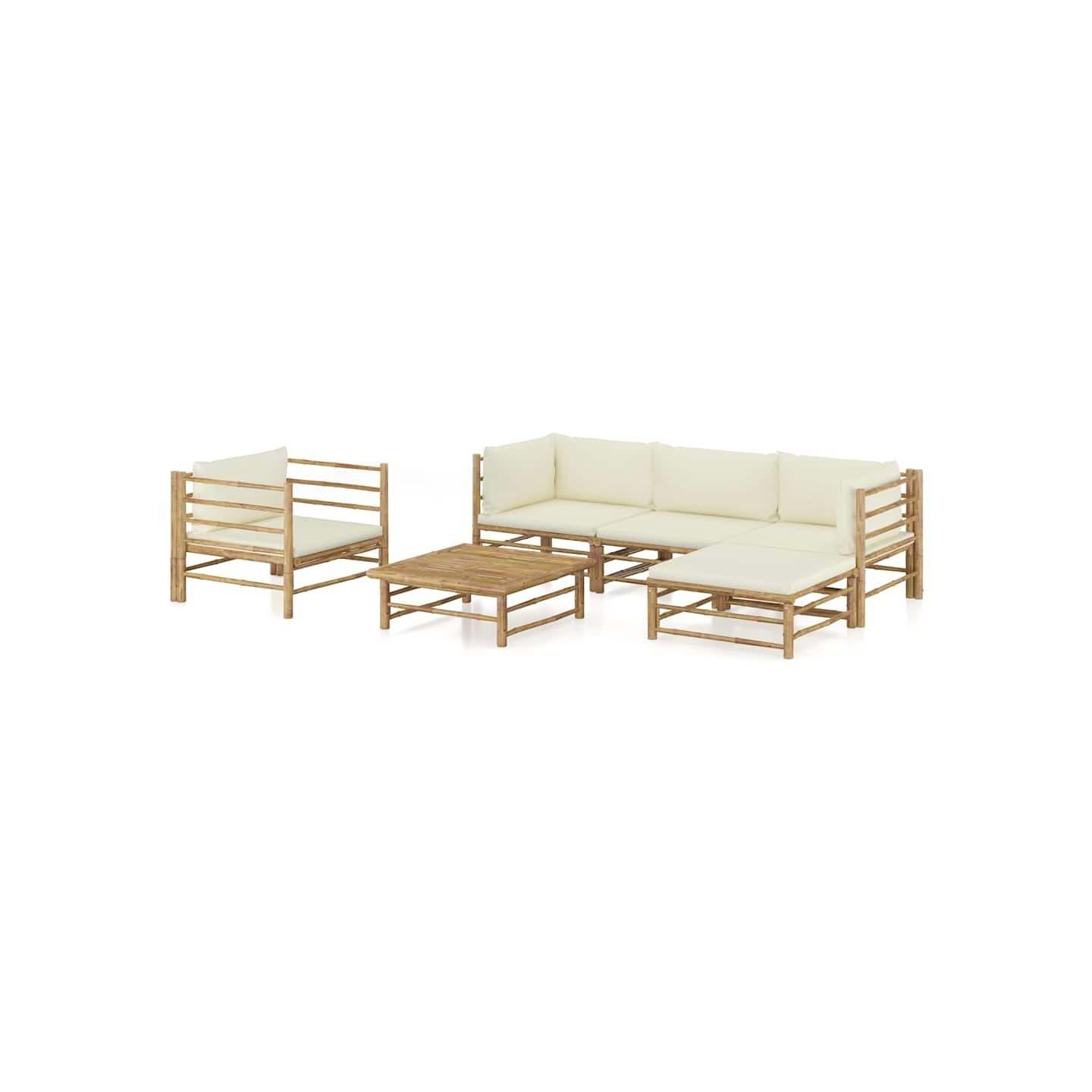 Salon de jardin 6 pcs avec coussins blanc crème bambou
