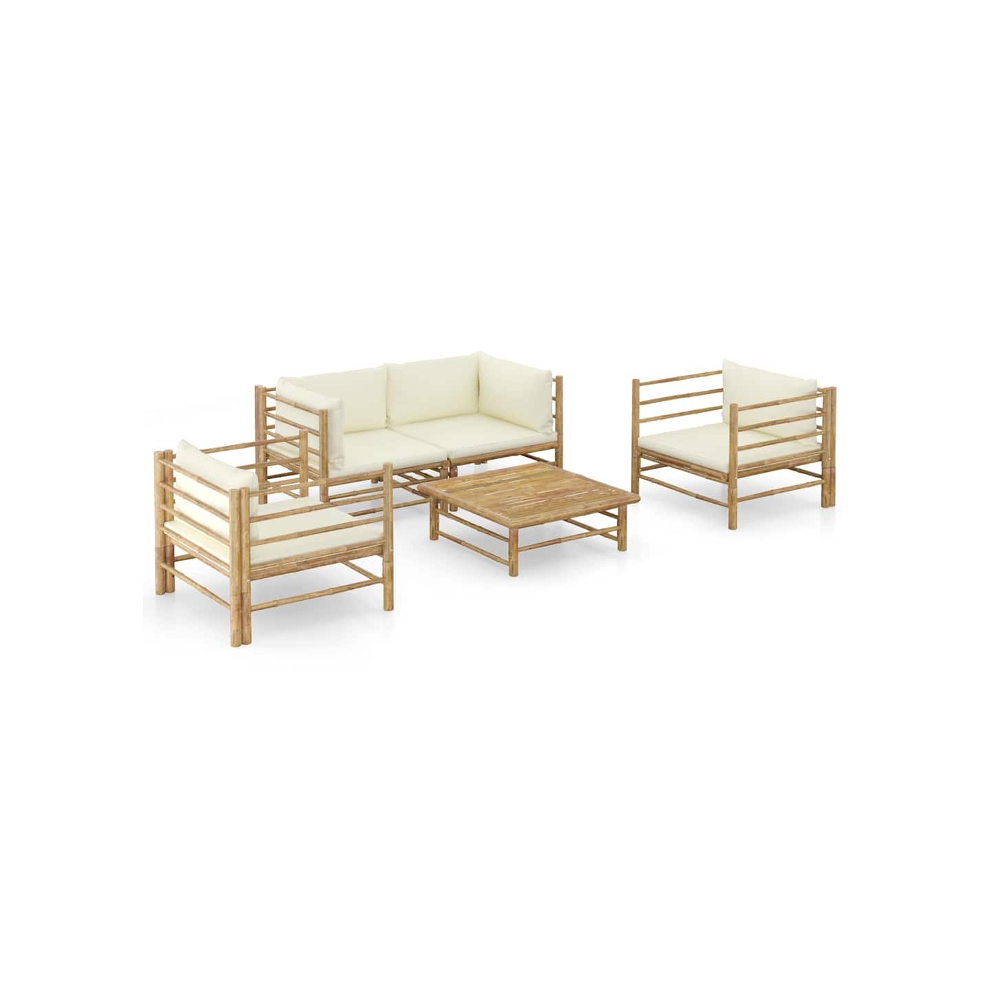 Salon de jardin 5 pcs avec coussins blanc crème bambou