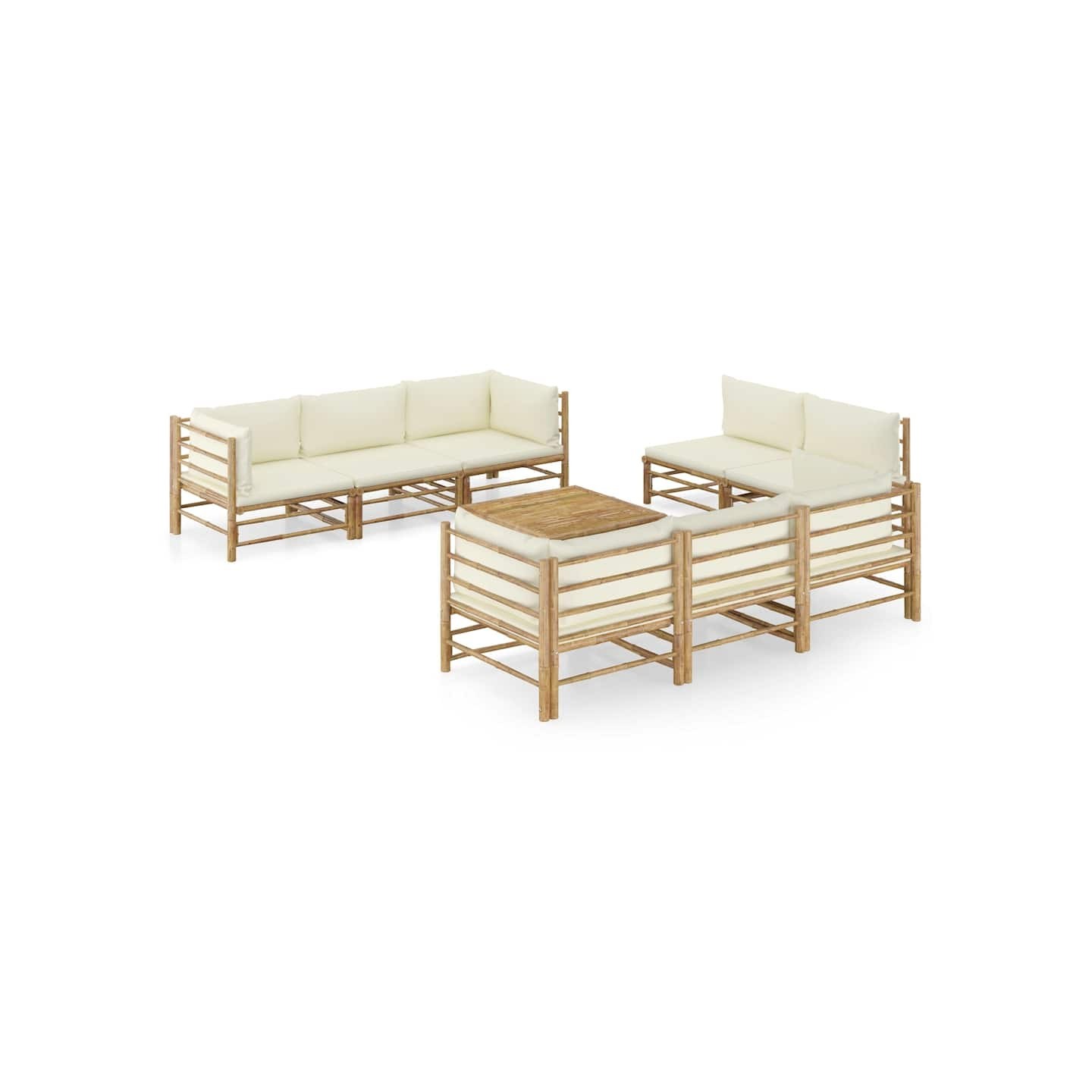 Salon de jardin 9 pcs avec coussins blanc crème bambou