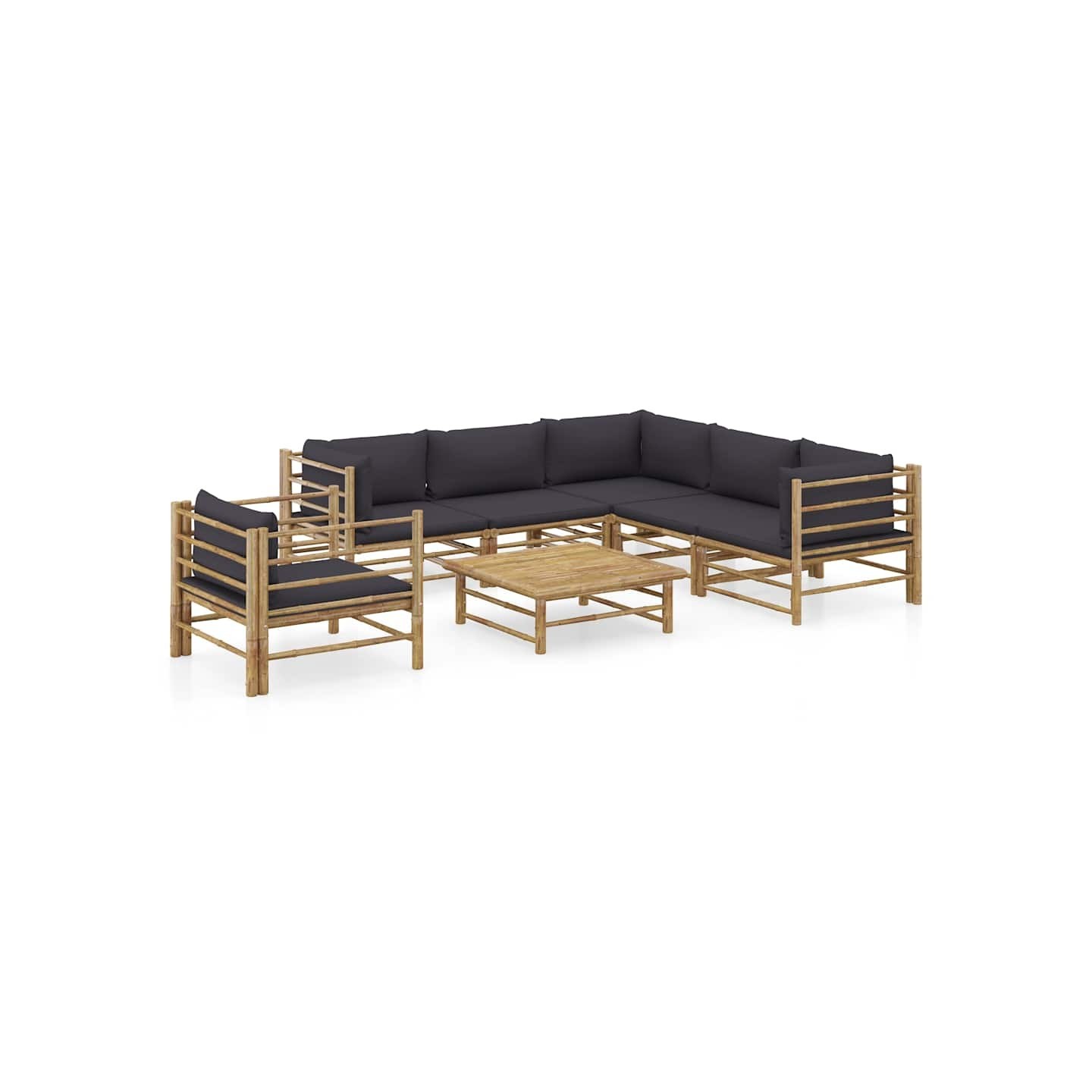 Salon de jardin 7 pcs avec coussins gris foncé bambou