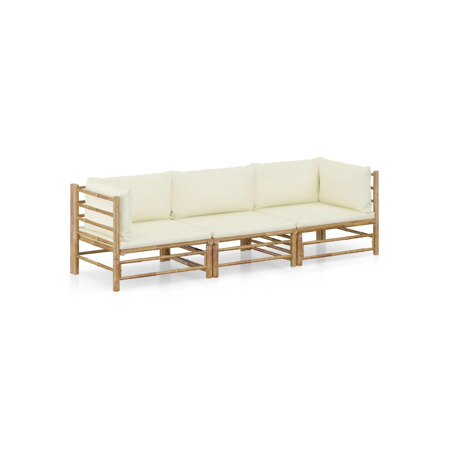 Salon de jardin 3 pcs avec coussins blanc crème bambou