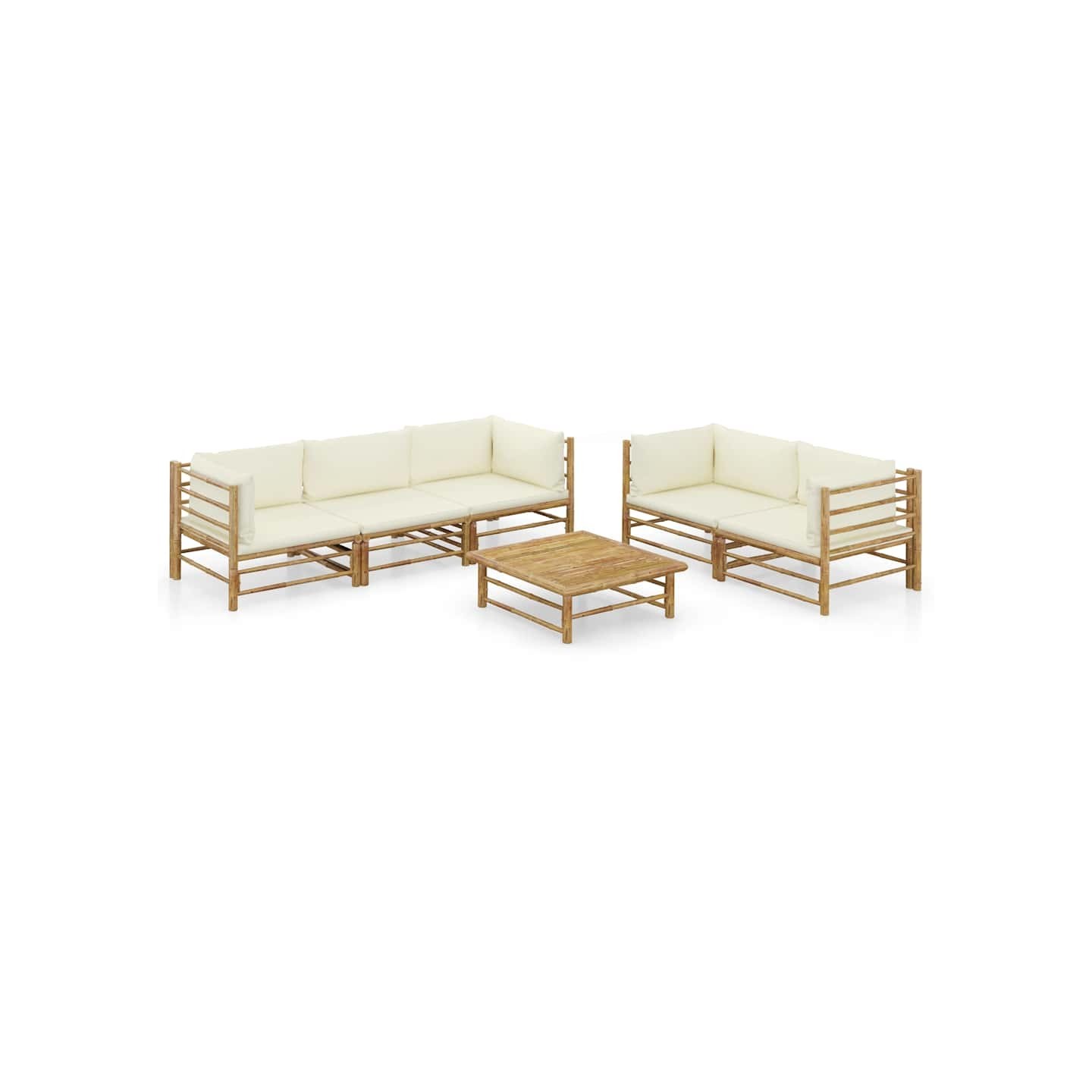 Salon de jardin 6 pcs avec coussins blanc crème bambou