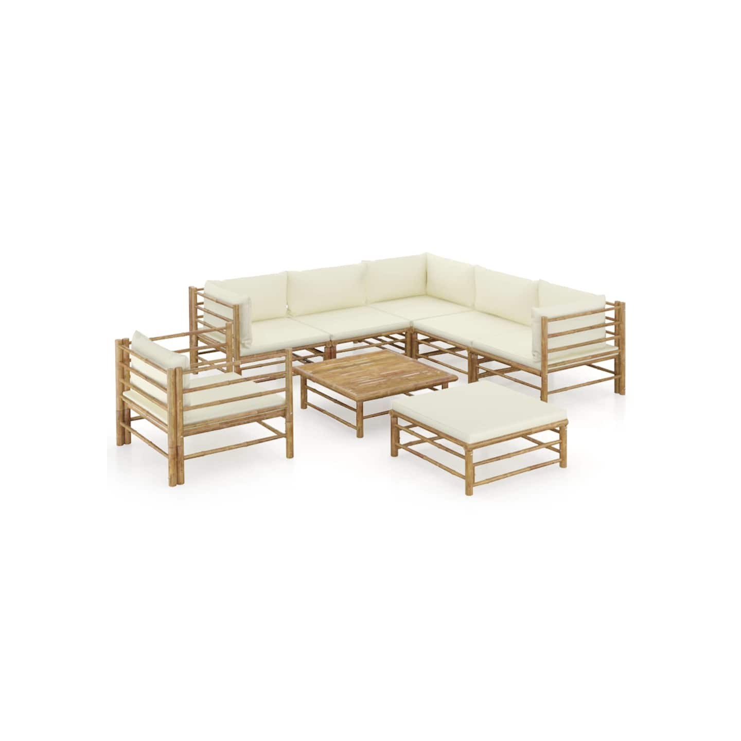 Salon de jardin 8 pcs avec coussins blanc crème bambou
