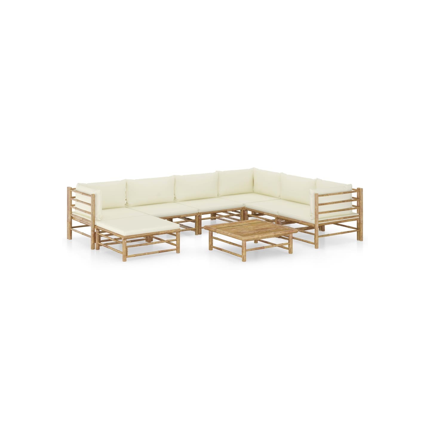Salon de jardin 8 pcs avec coussins blanc crème bambou