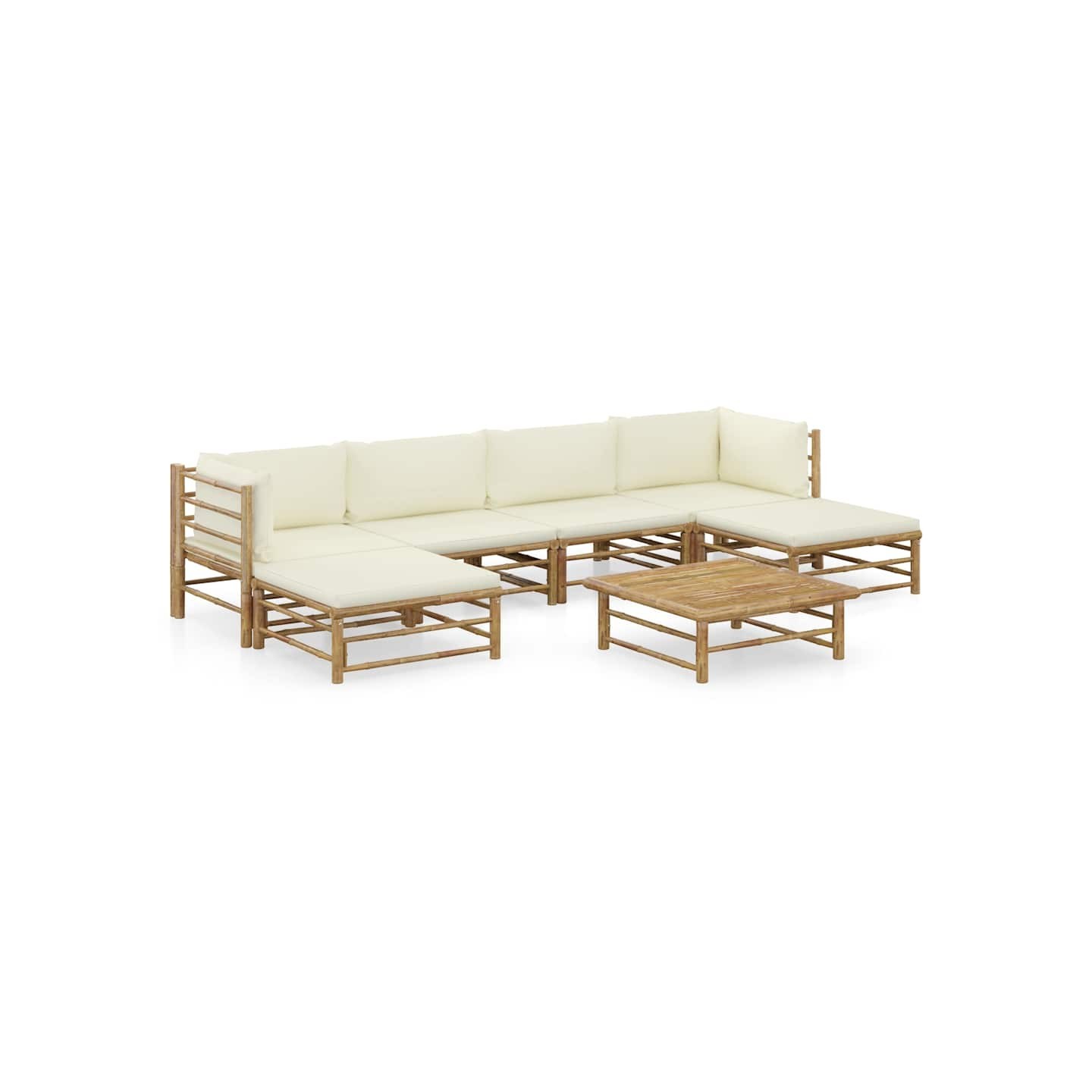 Salon de jardin 7 pcs avec coussins blanc crème bambou