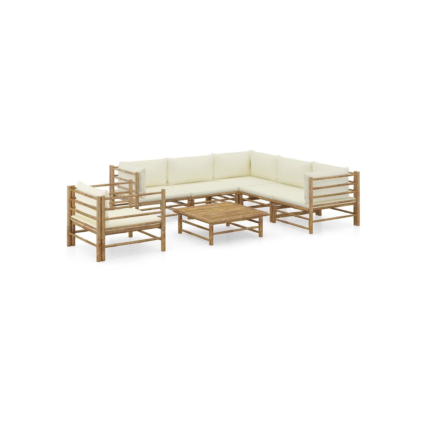 Salon de jardin 7 pcs avec coussins blanc crème bambou