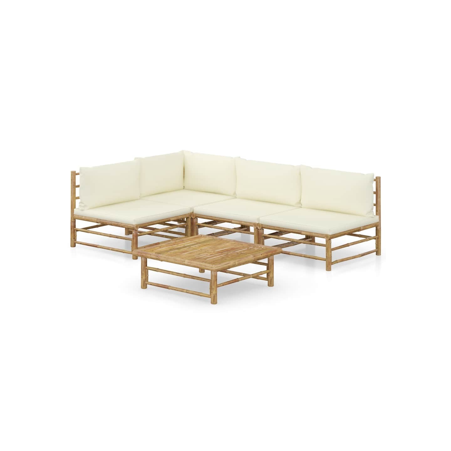 Salon de jardin 5 pcs avec coussins blanc crème bambou