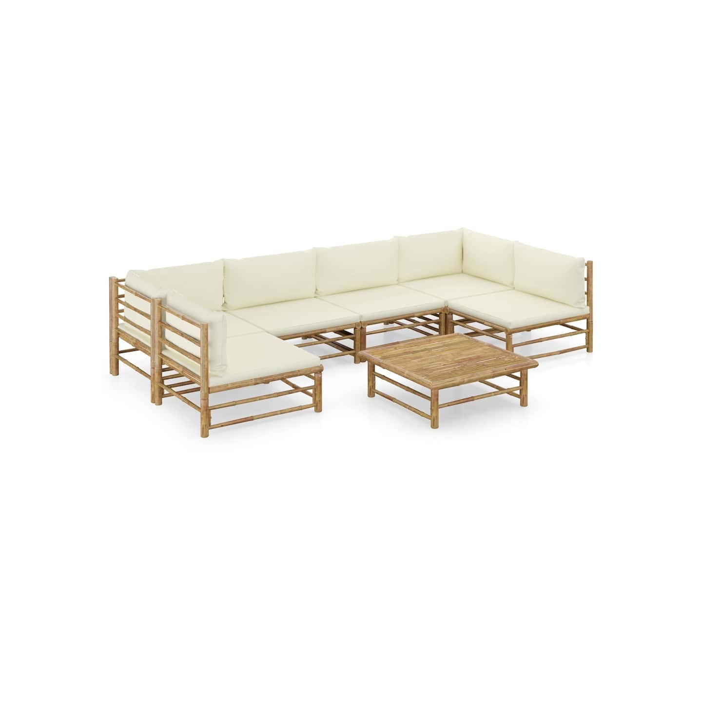 Salon de jardin 7 pcs avec coussins blanc crème bambou