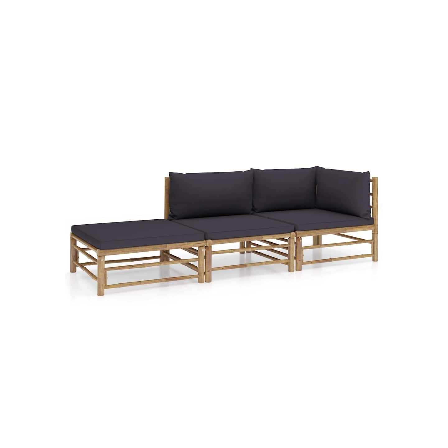 Salon de jardin 3 pcs avec coussins gris foncé bambou