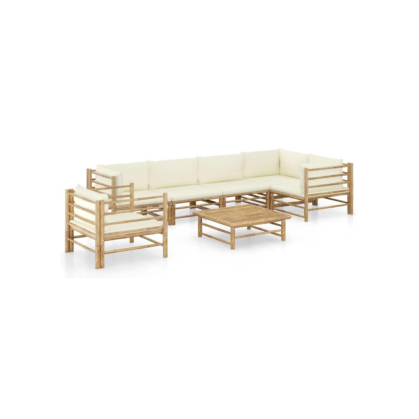 Salon de jardin 7 pcs avec coussins blanc crème bambou