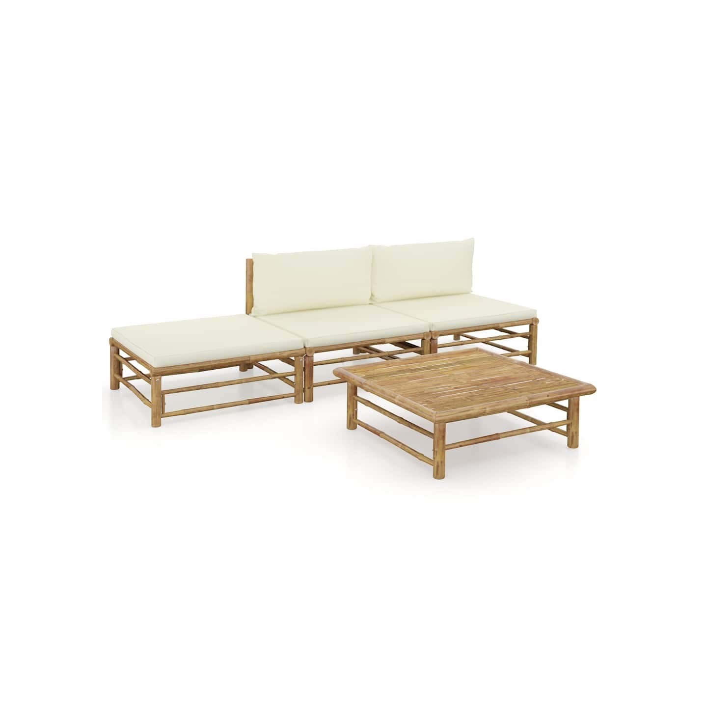 Salon de jardin 4 pcs avec coussins blanc crème bambou