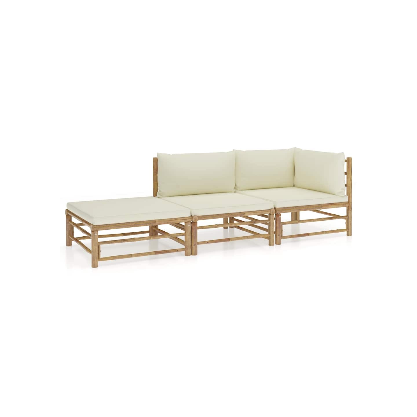 Salon de jardin 3 pcs avec coussins blanc crème bambou