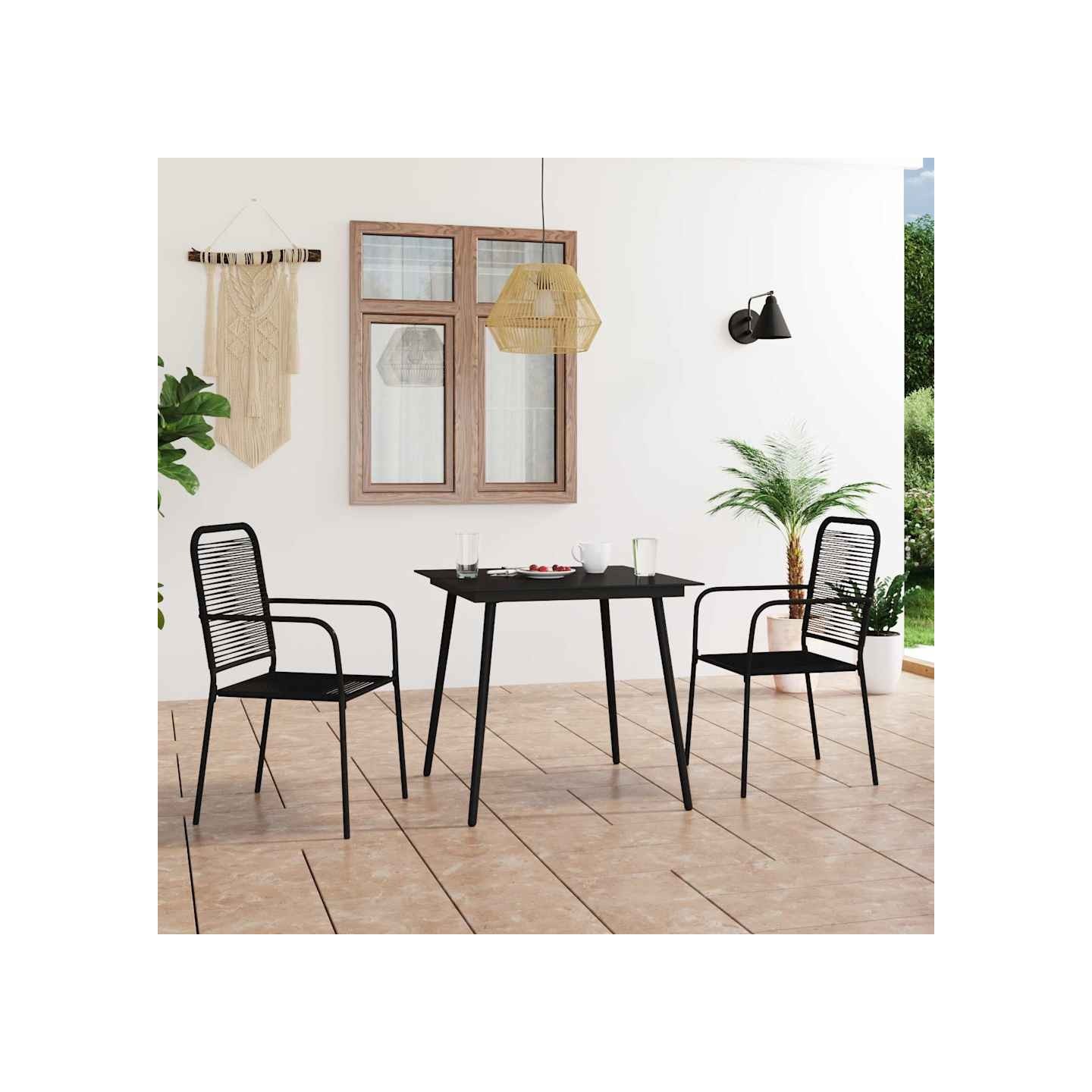 Ensemble à manger de jardin 3 pcs Corde en coton et acier Noir