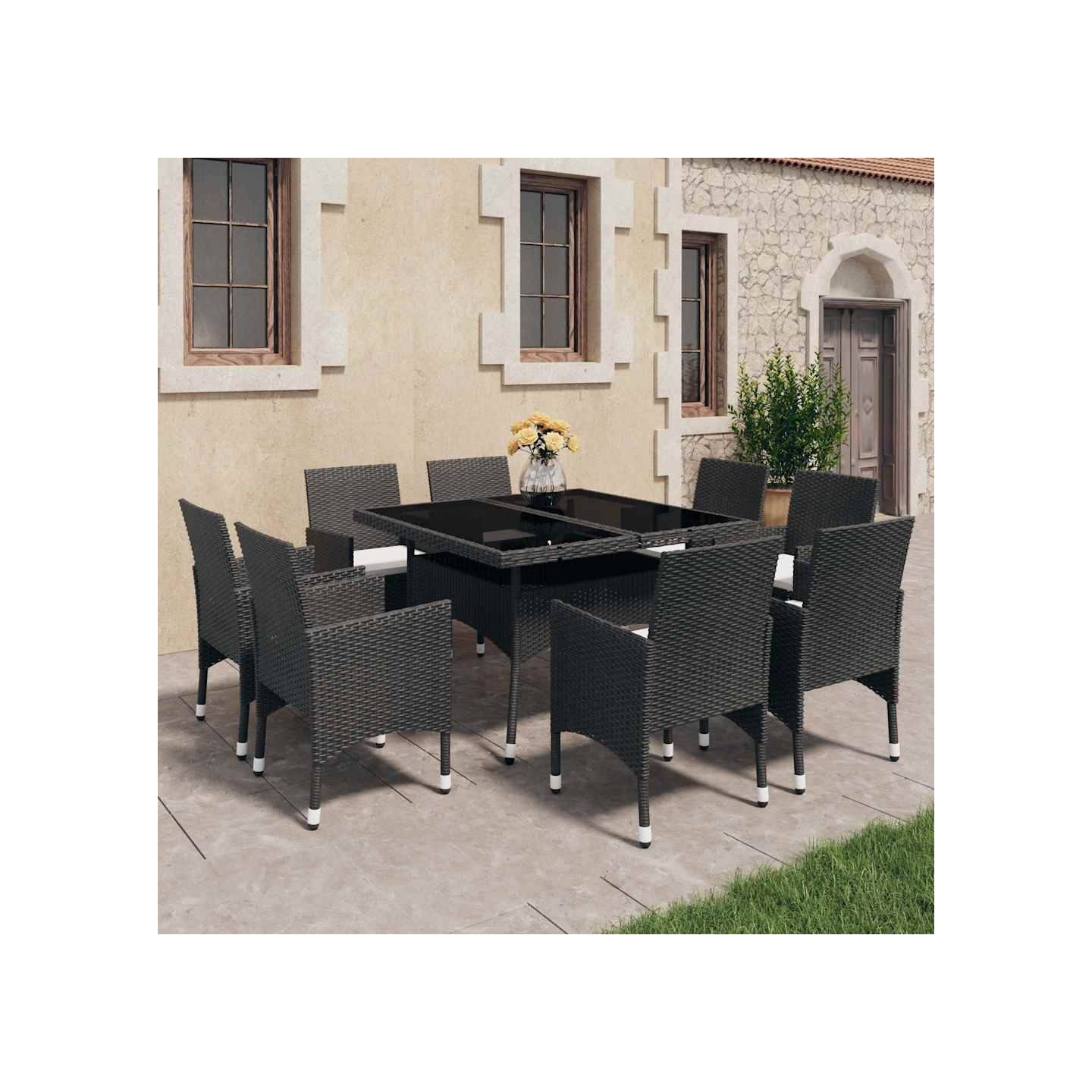 Ensemble à Manger de jardin 9 pcs Résine tressée et verre Noir