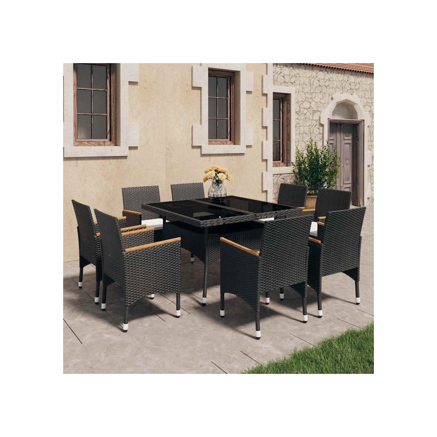 Ensemble à manger de jardin 9 pcs Résine tressée et acacia Noir