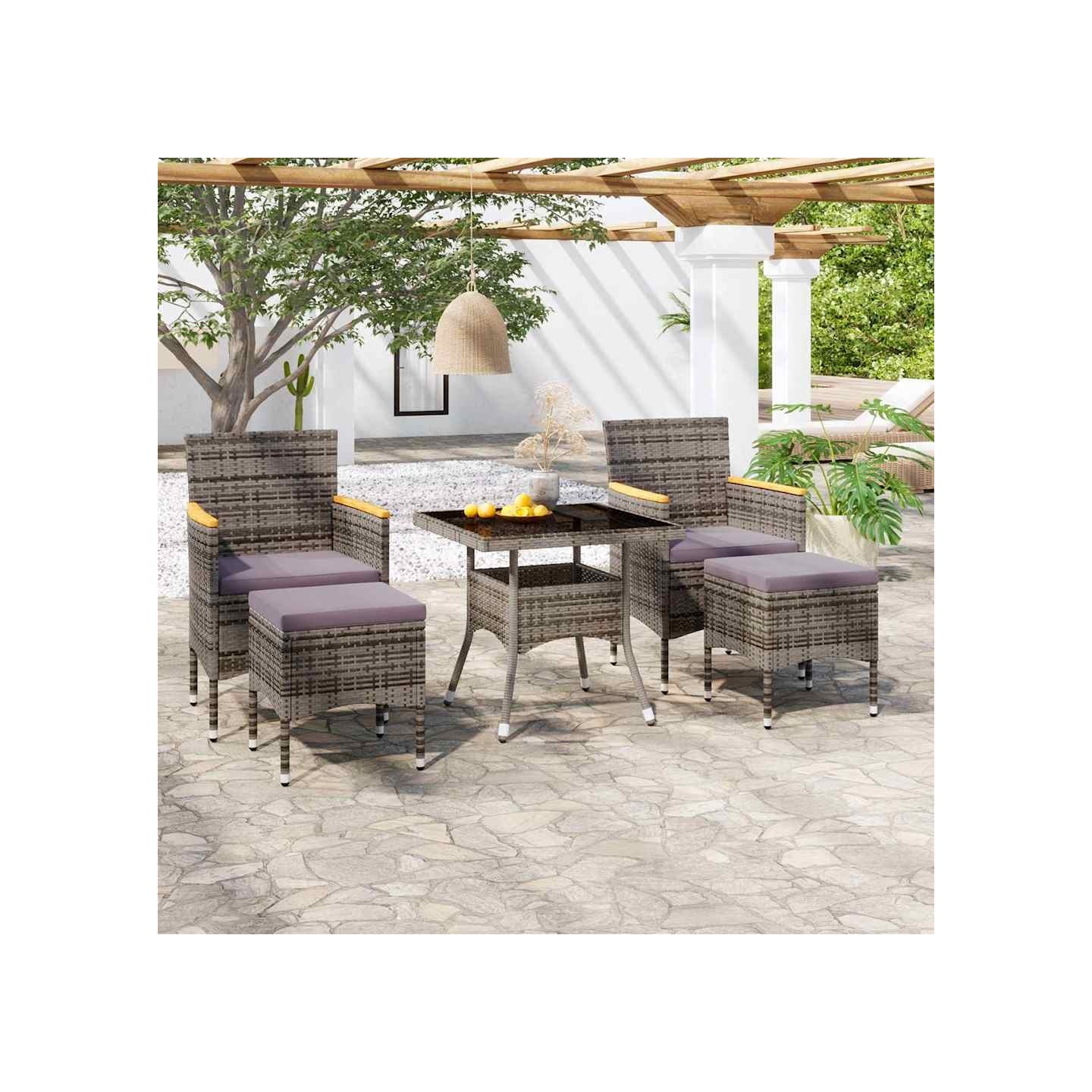 Ensemble à Manger jardin 5 pcs résine tressée verre trempé Gris