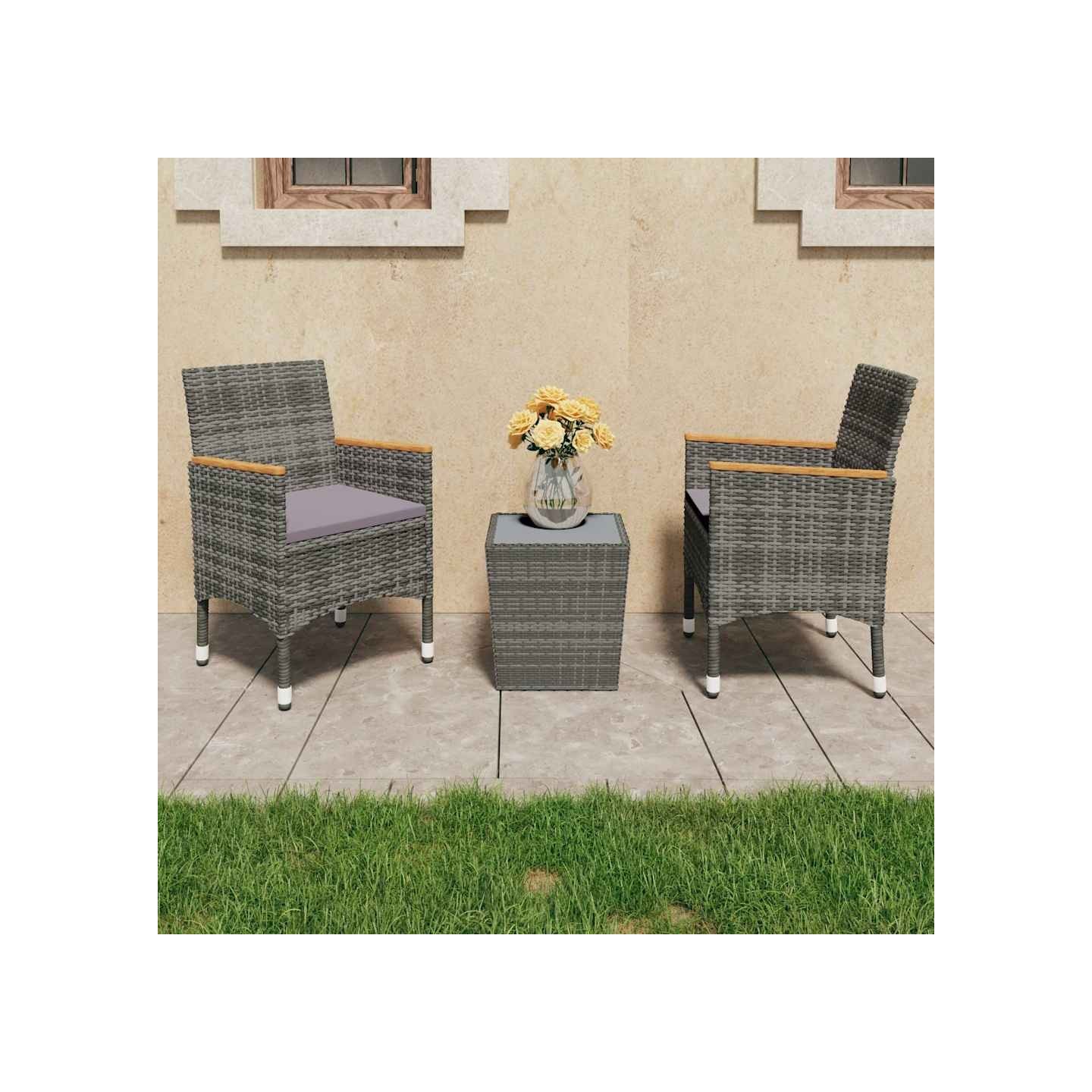Ensemble de bistro 3 pcs Résine tressée et verre trempé Gris
