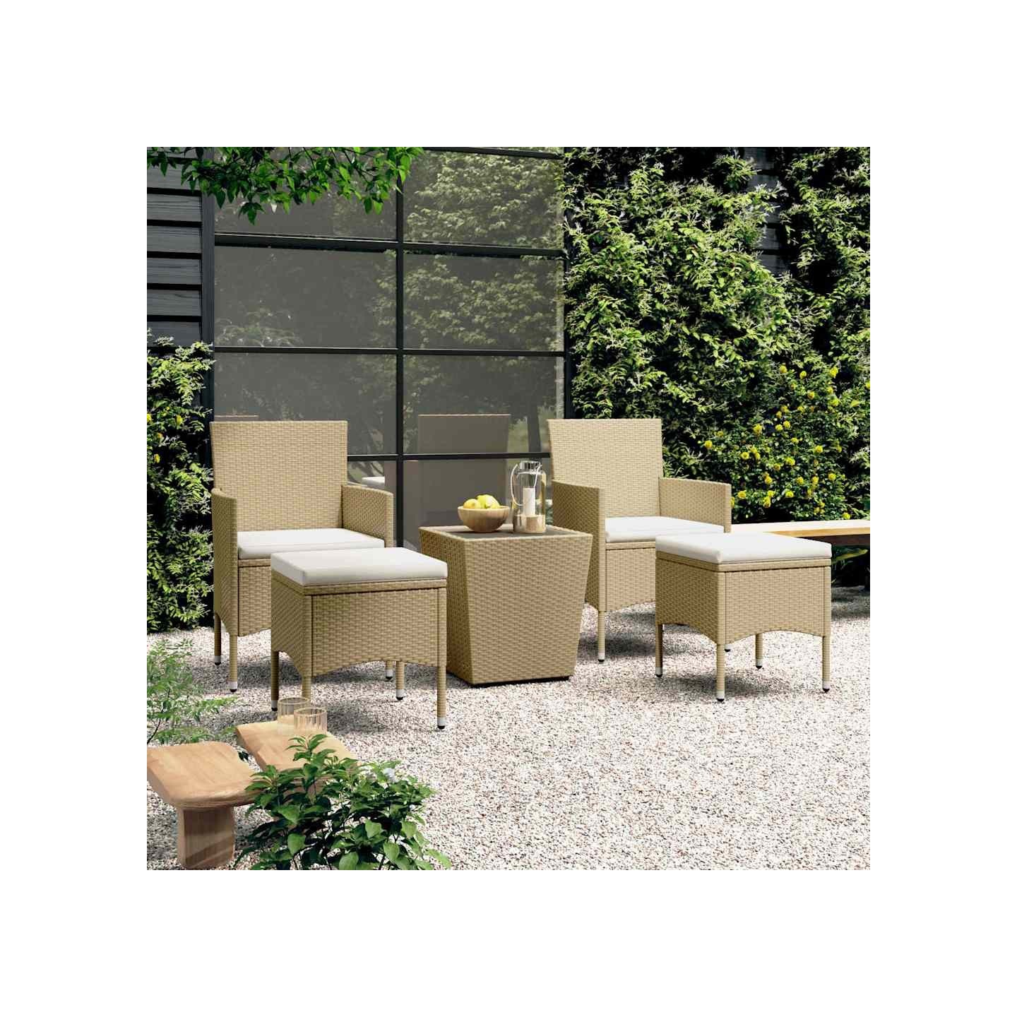 Ensemble de bistro 5 pcs Résine tressée et verre trempé Beige