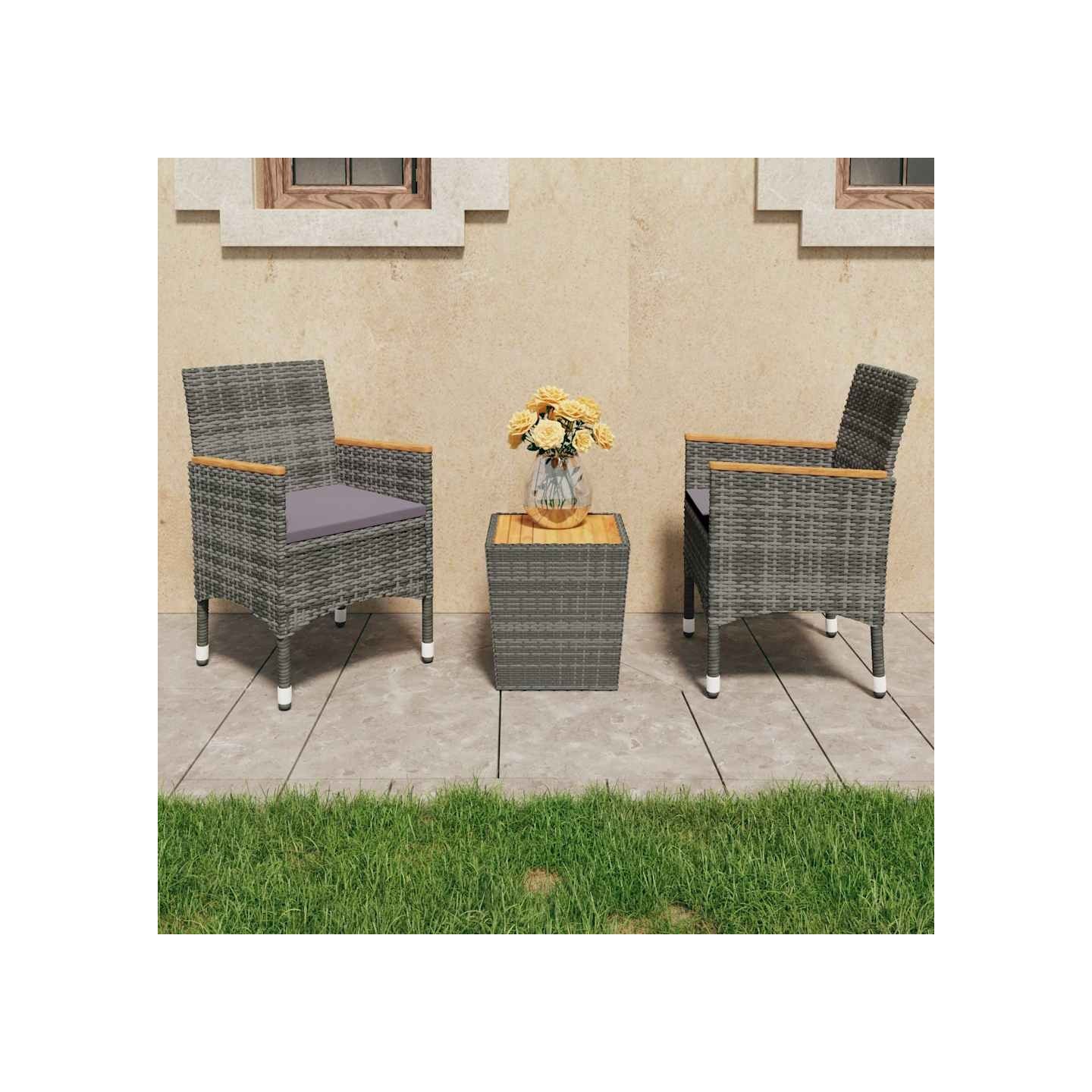 Ensemble de bistro 3 pcs Résine tressée et bois d'acacia Gris