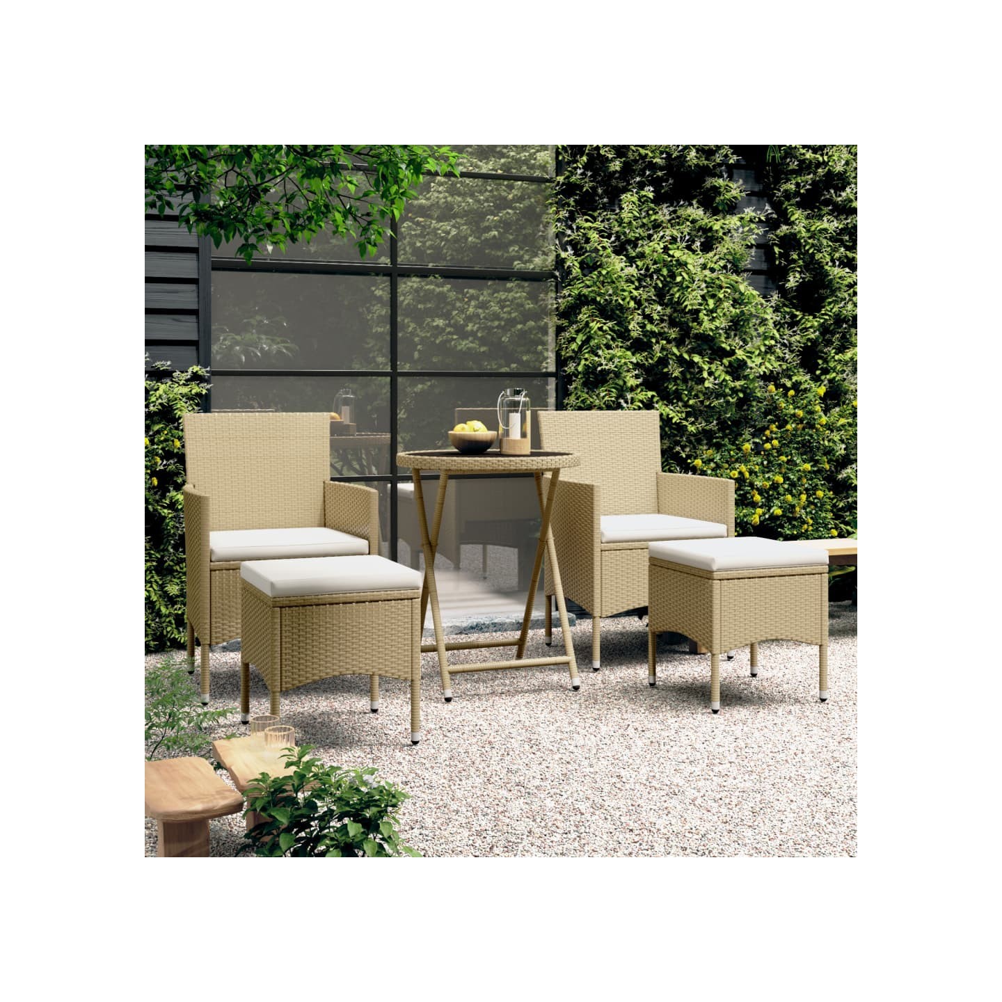 Ensemble de bistro 5 pcs Résine tressée et verre trempé Beige