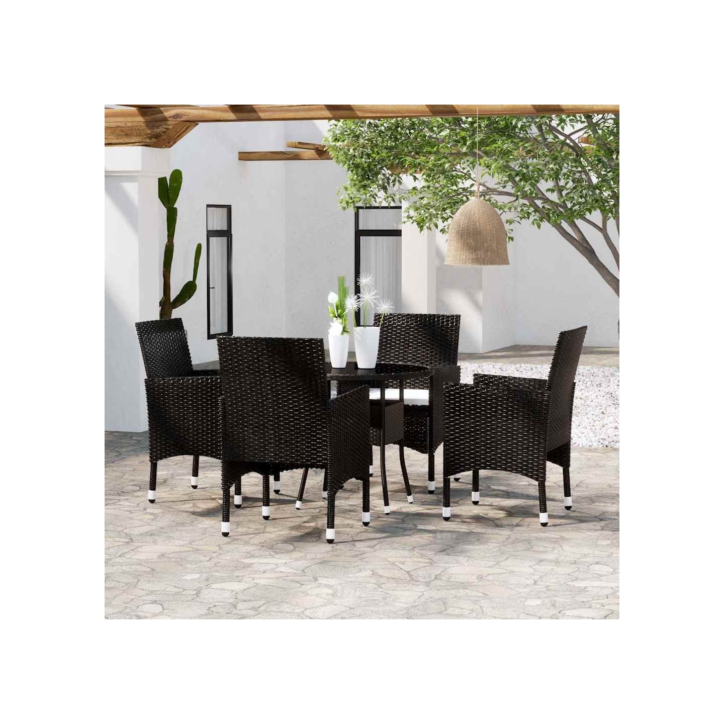 Ensemble à manger de jardin 5 pcs Résine tressée Noir