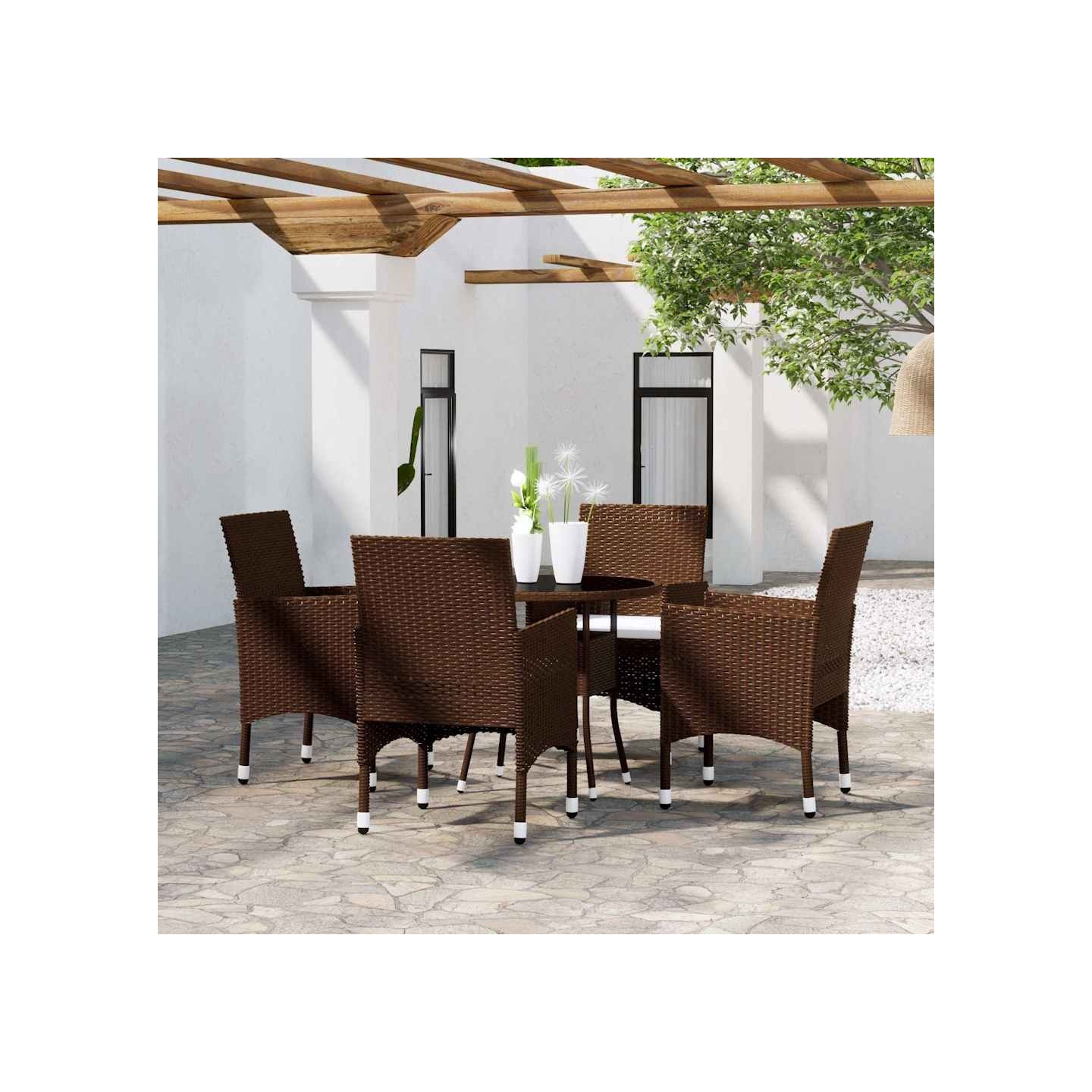 Ensemble à manger de jardin 5pcs Résine tressée Marron