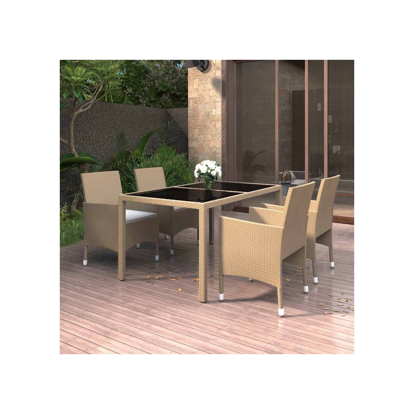 Ensemble à manger de jardin 5 pcs Rotin verre trempé Beige