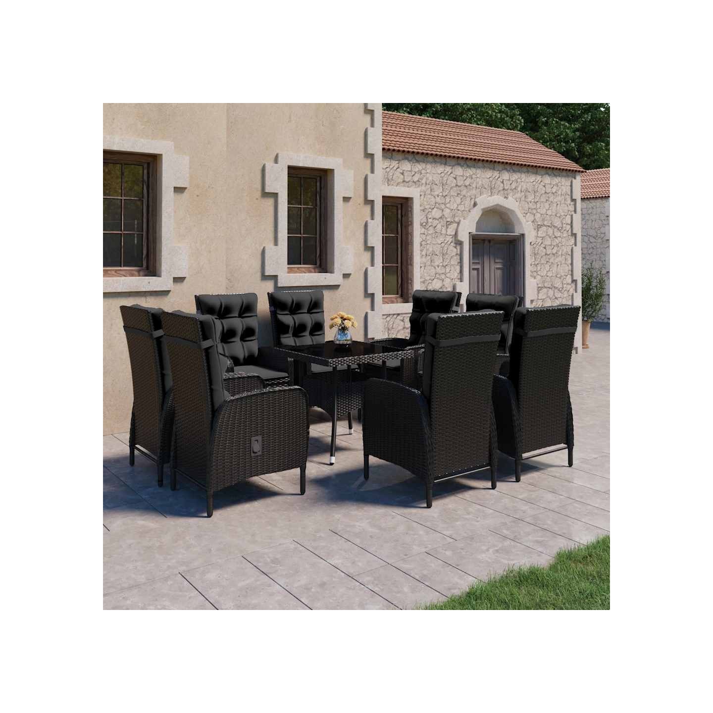 Ensemble à Manger de jardin 9 pcs Résine tressée et verre Noir