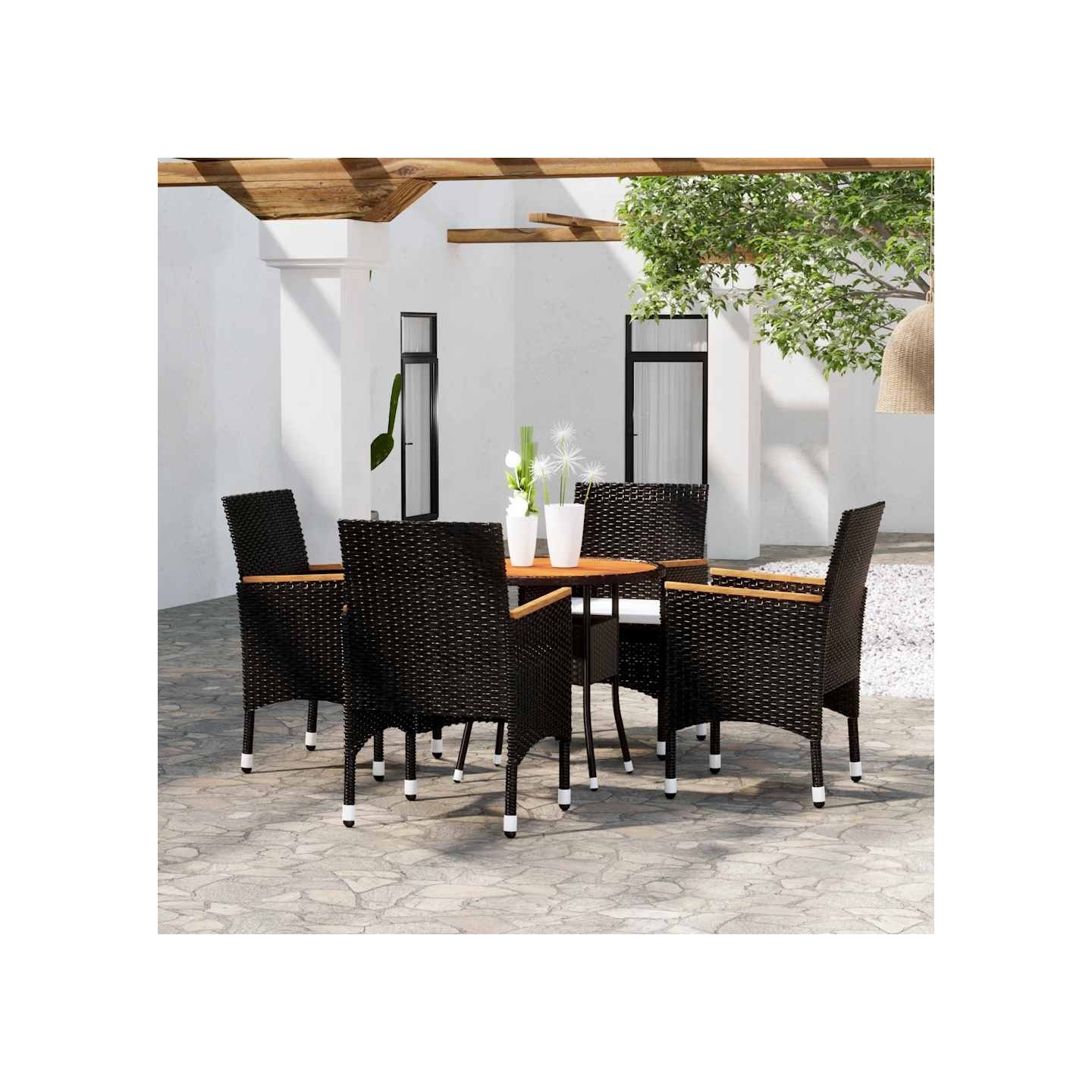 Ensemble à manger de jardin 5 pcs Résine tressée Noir