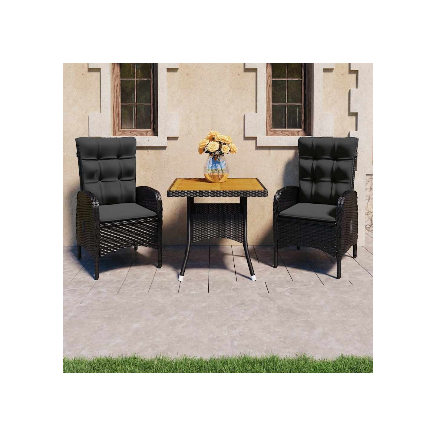 Ensemble à dîner de jardin 3 pcs Résine tressée et acacia Noir
