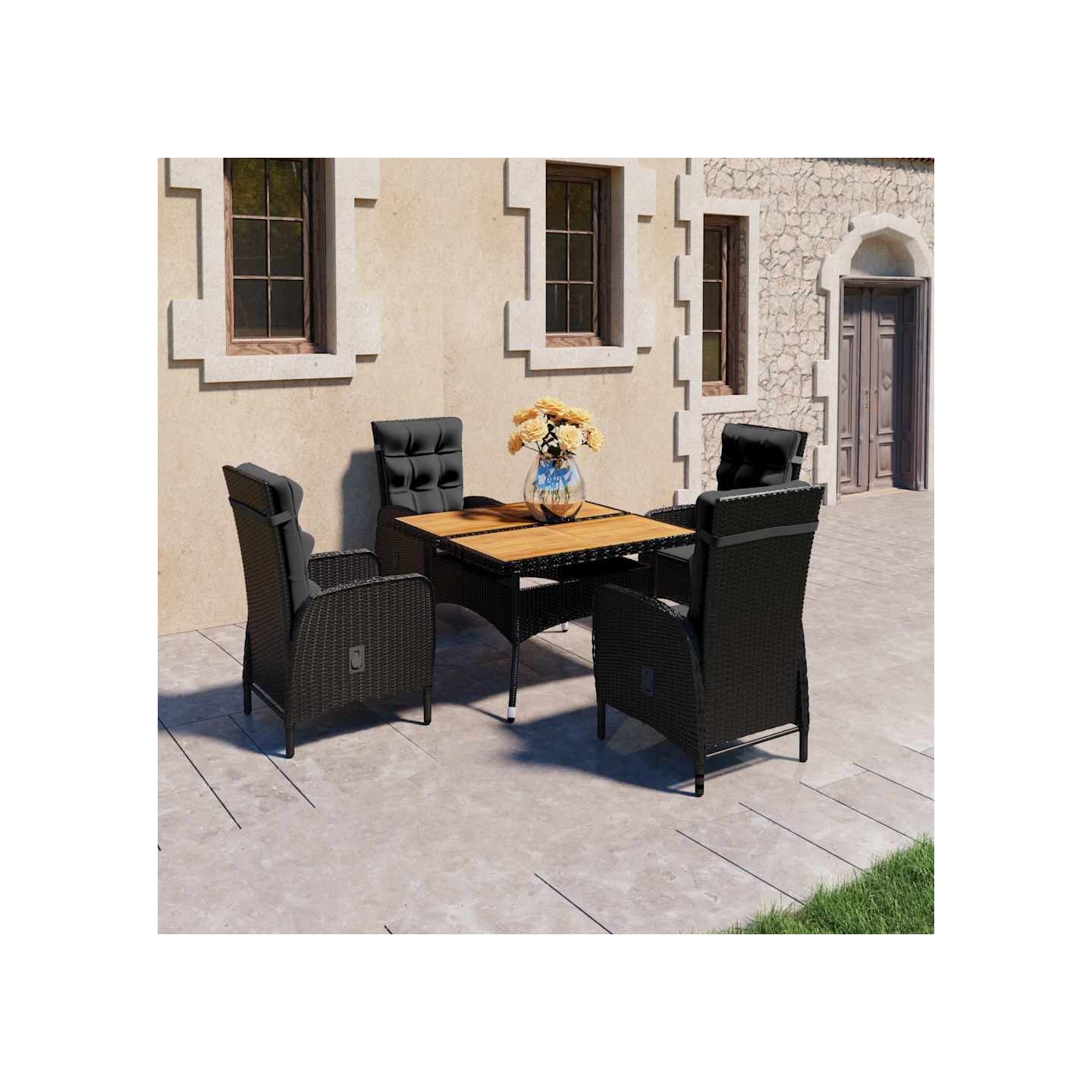 Ensemble à manger de jardin 5 pcs Résine tressée et acacia Noir