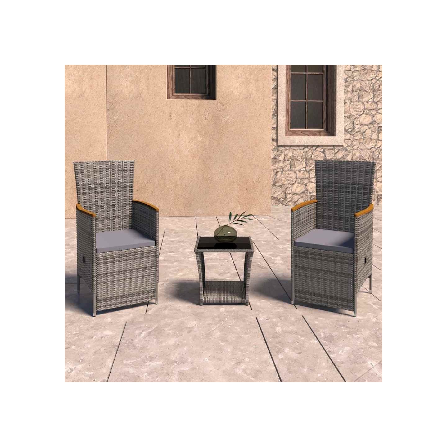 Salon de jardin 3 pcs avec coussins Résine tressée Gris