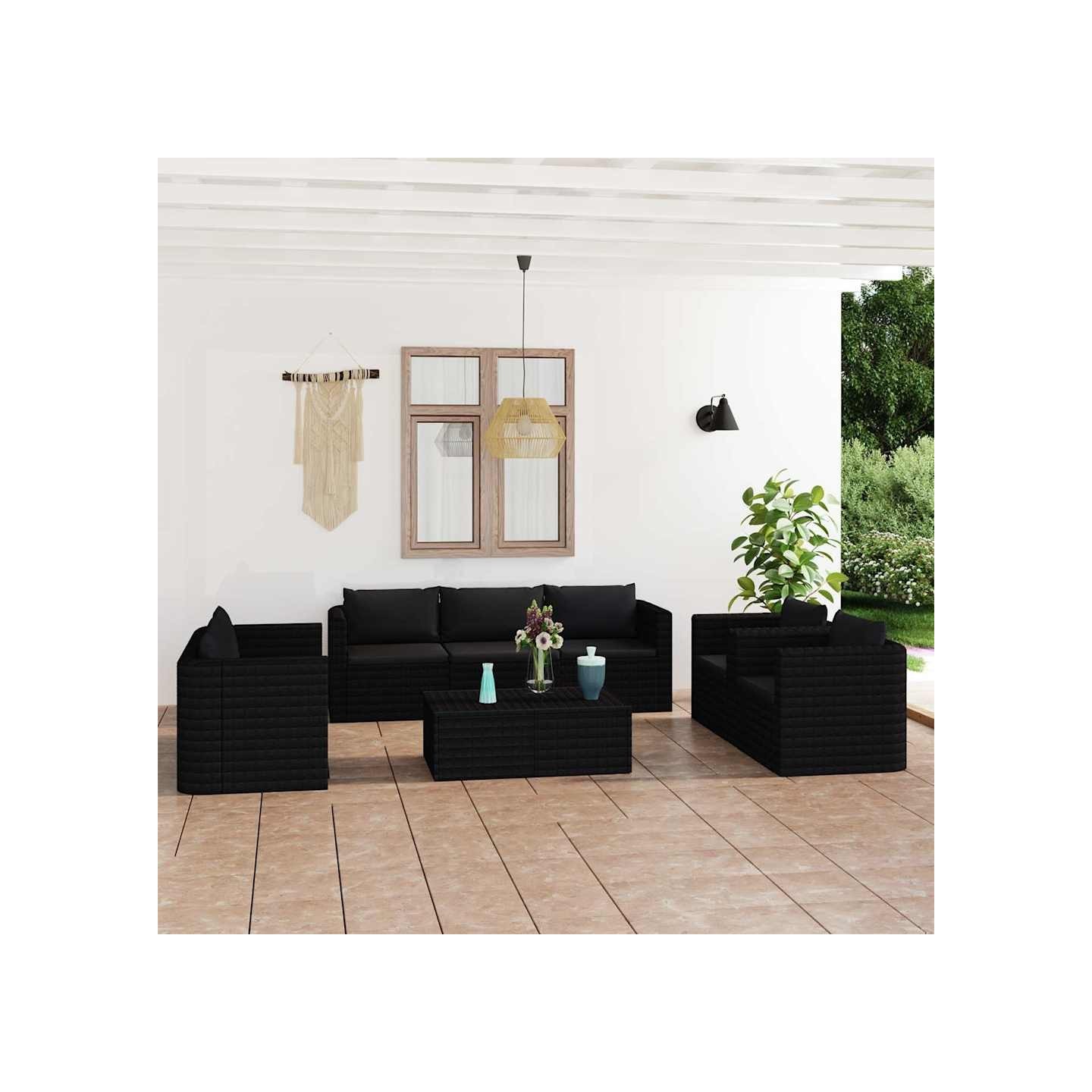 Salon de jardin 9 pcs avec coussins Résine tressée Noir