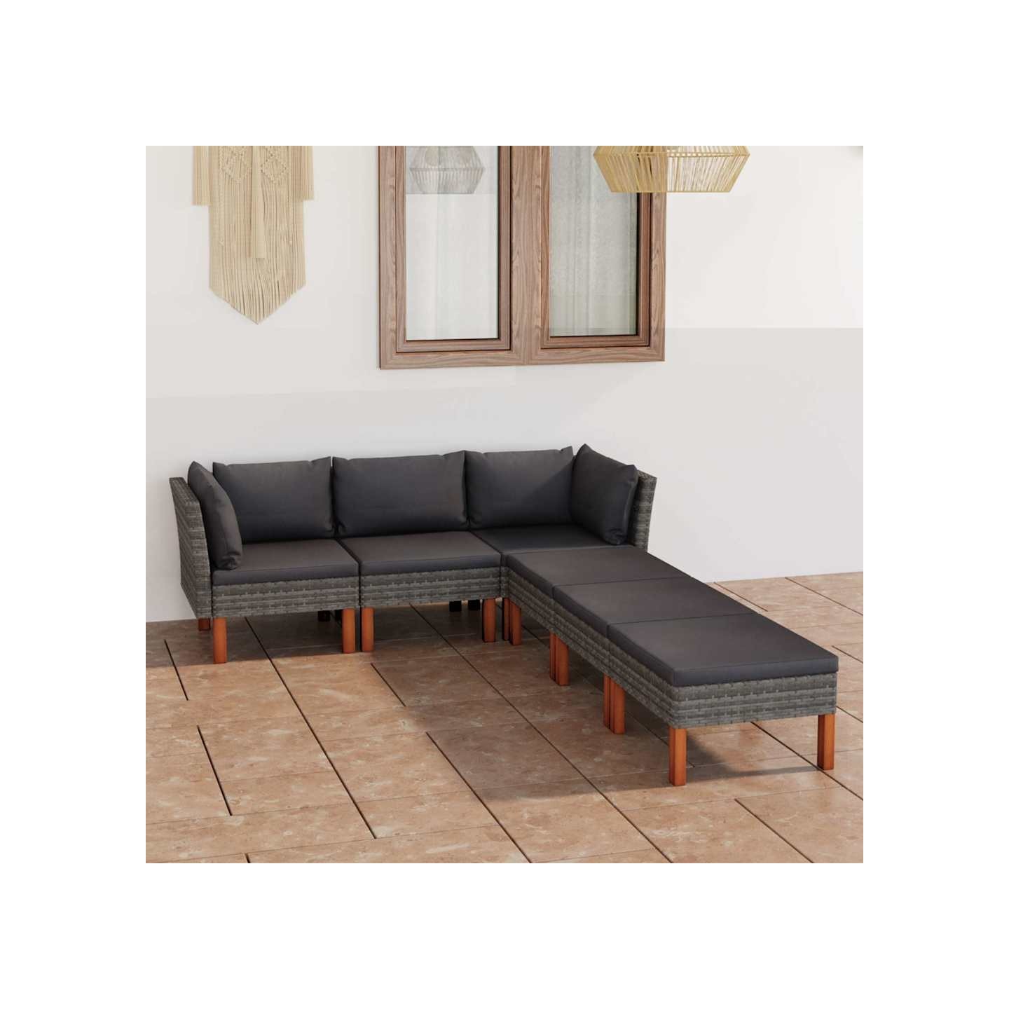 Salon de jardin 6 pcs avec coussins Résine tressée Gris