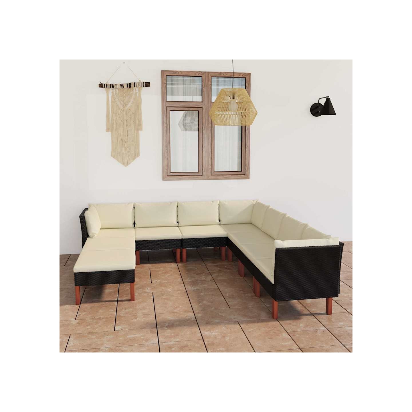 Salon de jardin 9 pcs avec coussins Résine tressée Noir