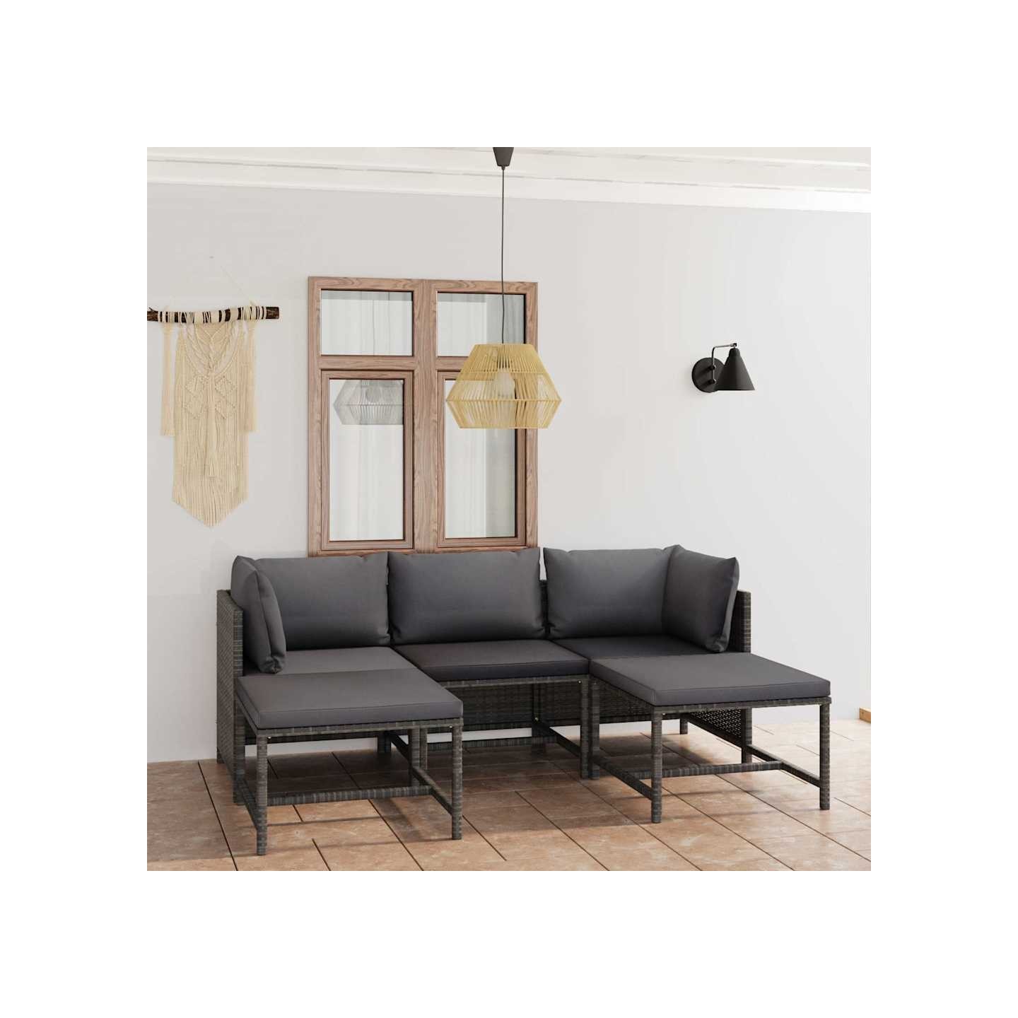 Salon de jardin 5 pcs avec coussins Résine tressée Gris