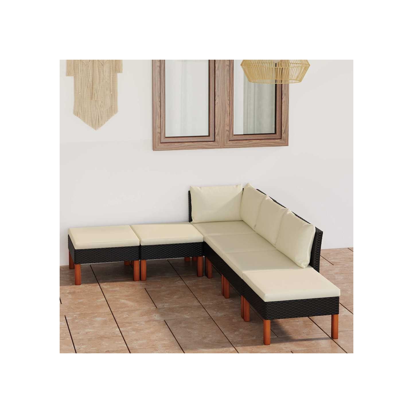 Salon de jardin 6 pcs avec coussins Résine tressée Noir
