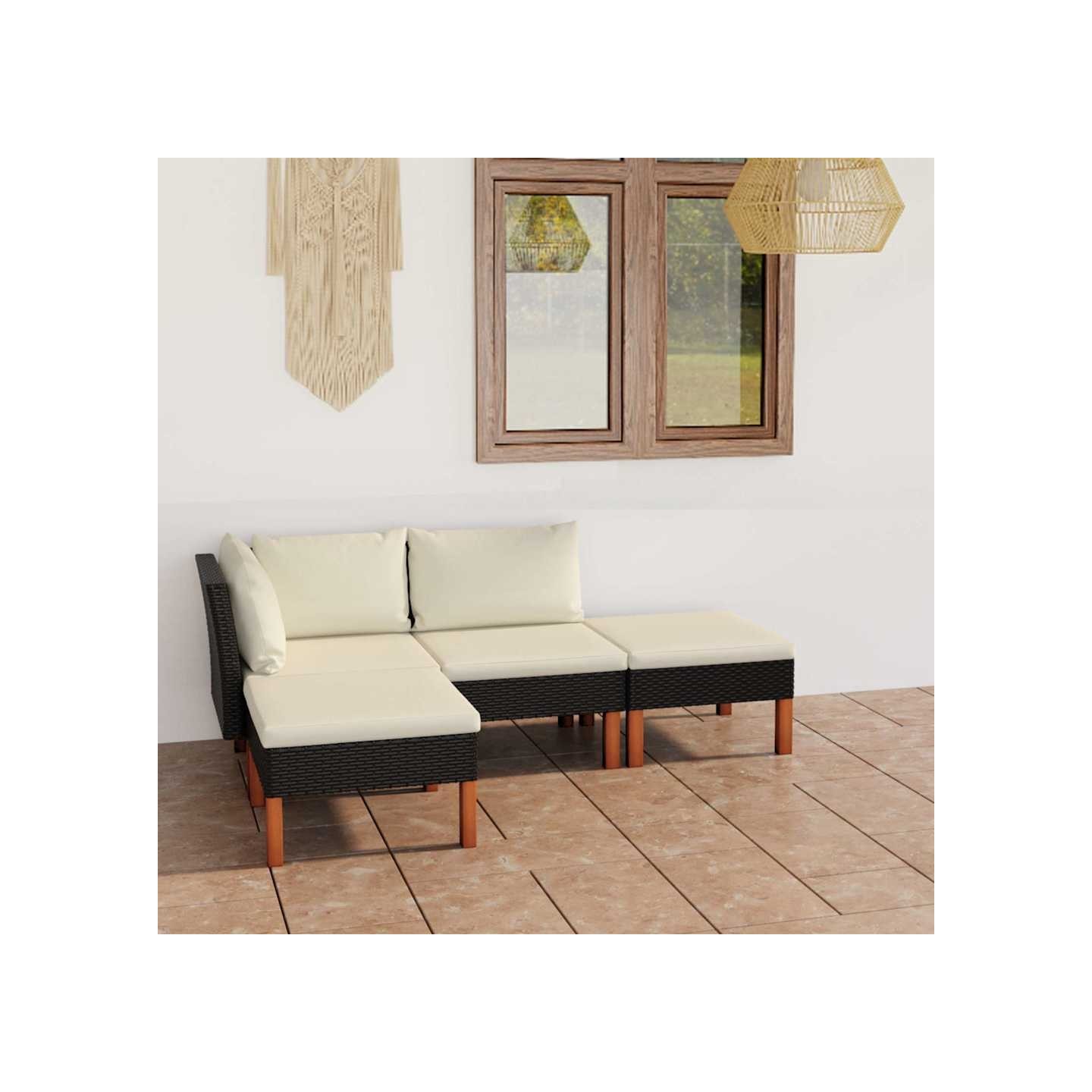 Salon de jardin 4 pcs avec coussins Résine tressée Noir