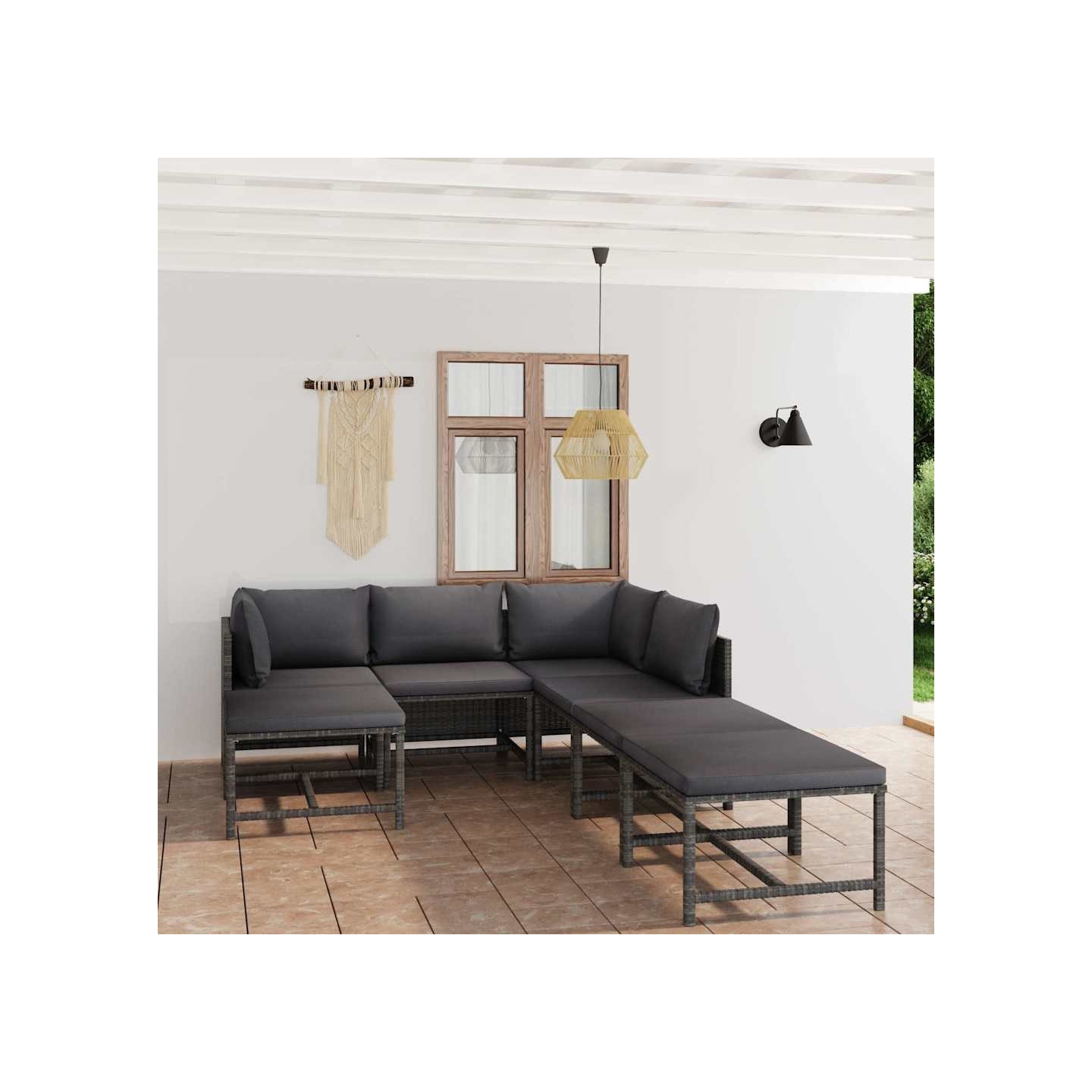 Salon de jardin 7 pcs avec coussins Résine tressée Gris