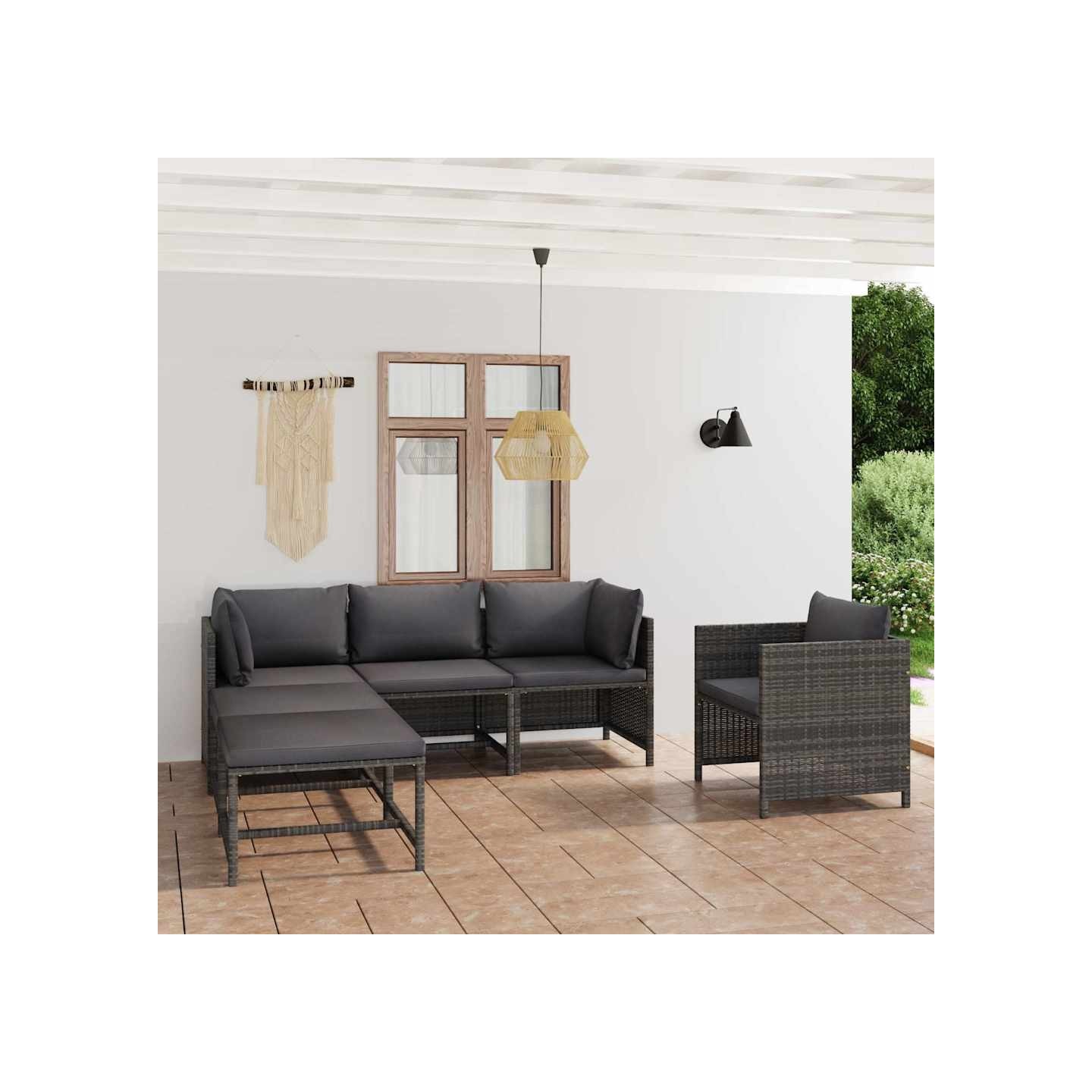 Salon de jardin 6 pcs avec coussins Résine tressée Gris