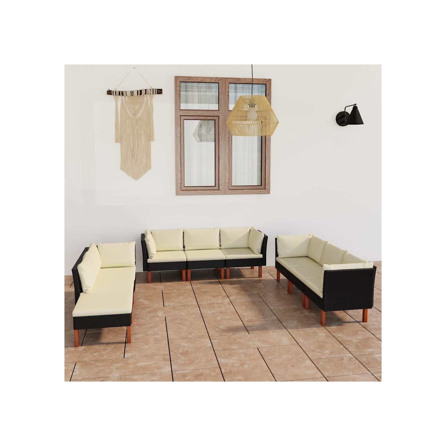 Salon de jardin 9 pcs avec coussins Résine tressée Noir