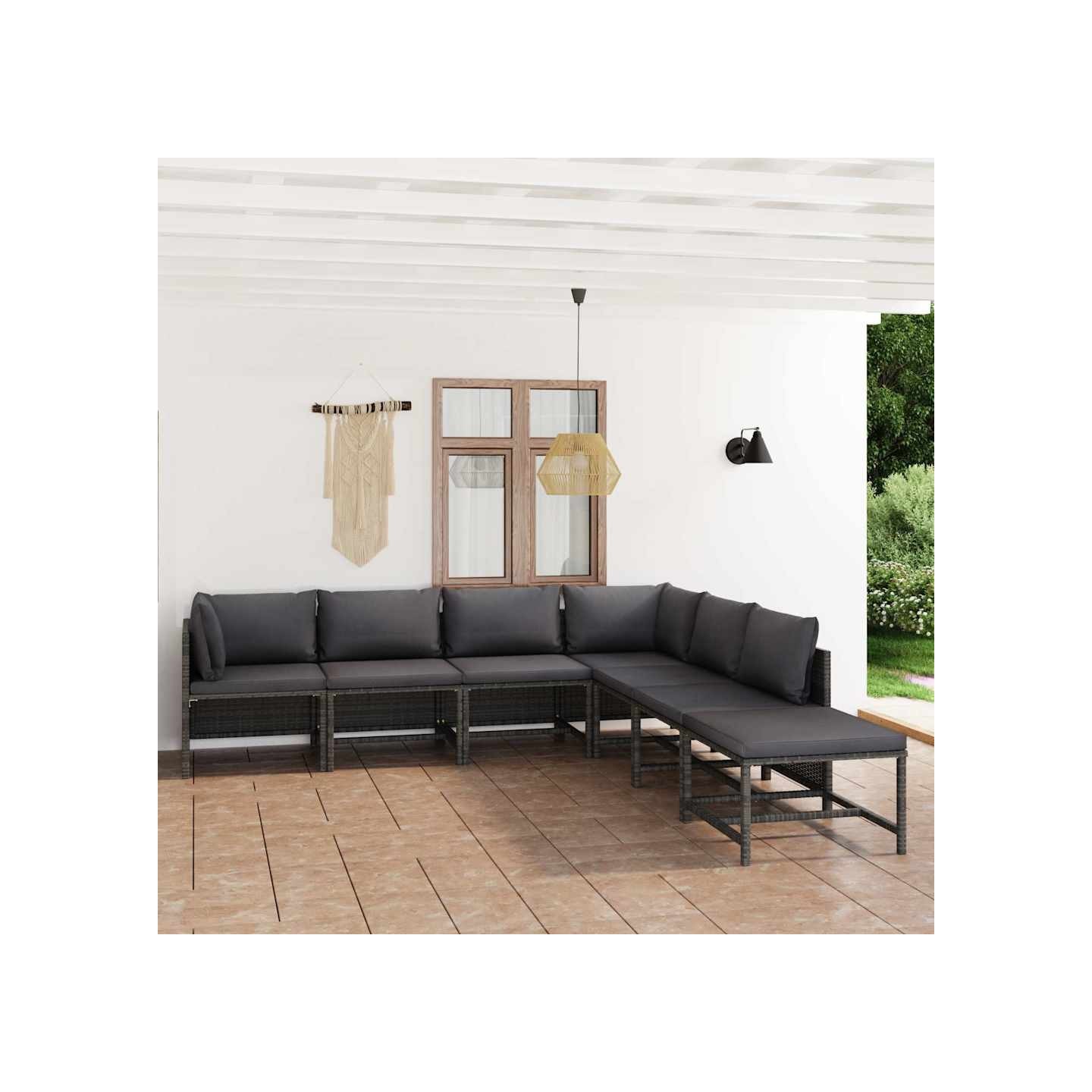 Salon de jardin 7 pcs avec coussins Résine tressée Gris