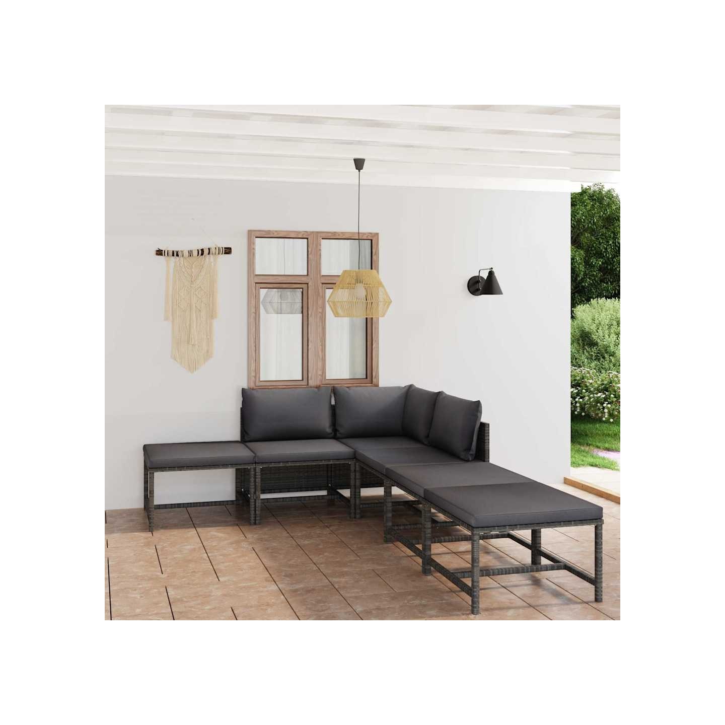 Salon de jardin 6 pcs avec coussins Résine tressée Gris