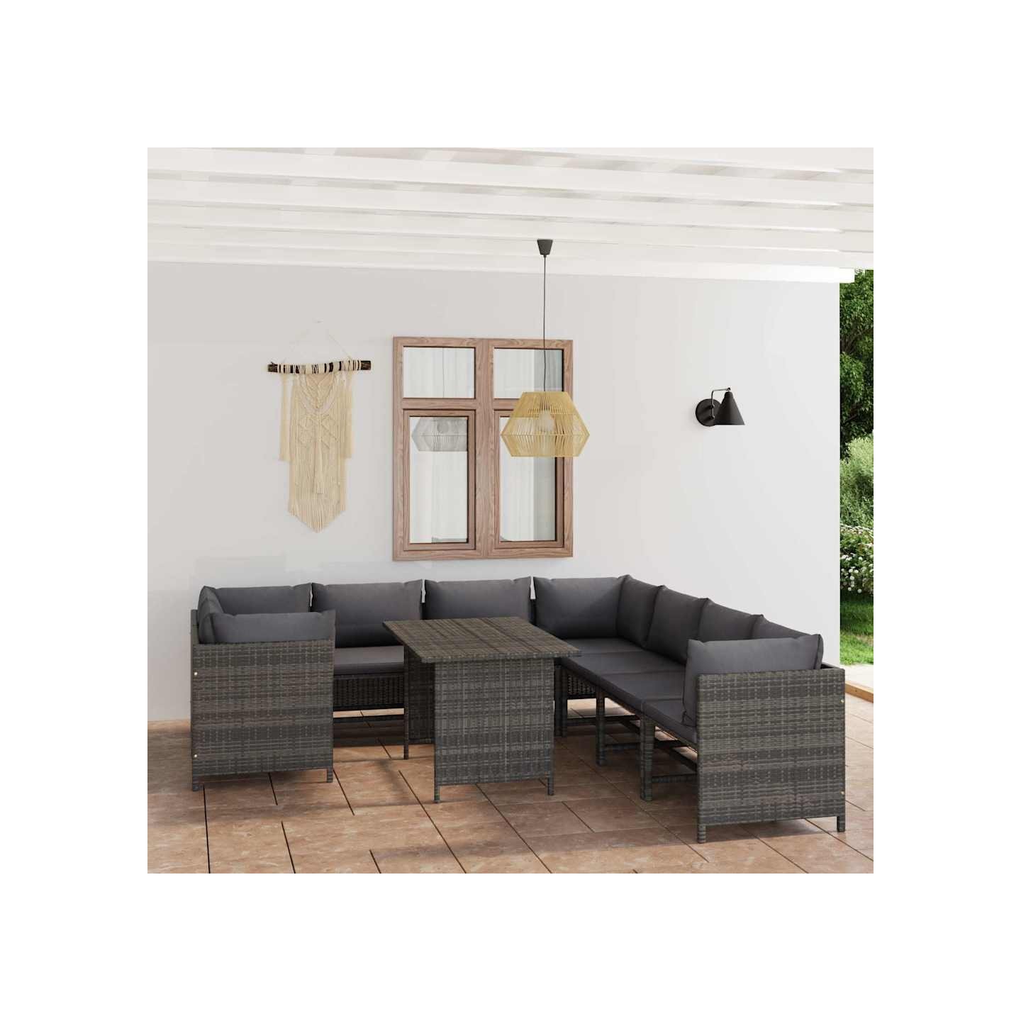 Salon de jardin 9 pcs avec coussins Résine tressée Gris