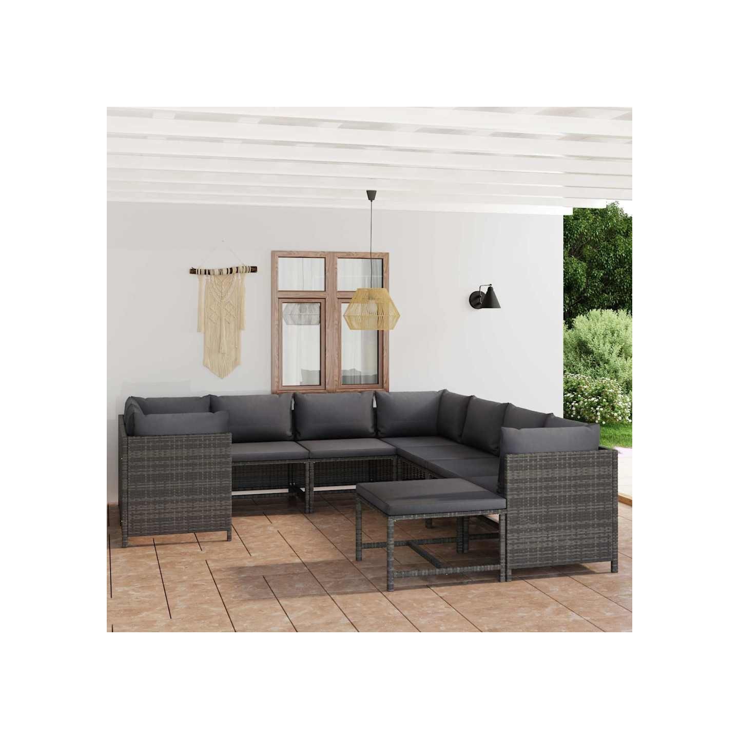 Salon de jardin 9 pcs avec coussins Résine tressée Gris